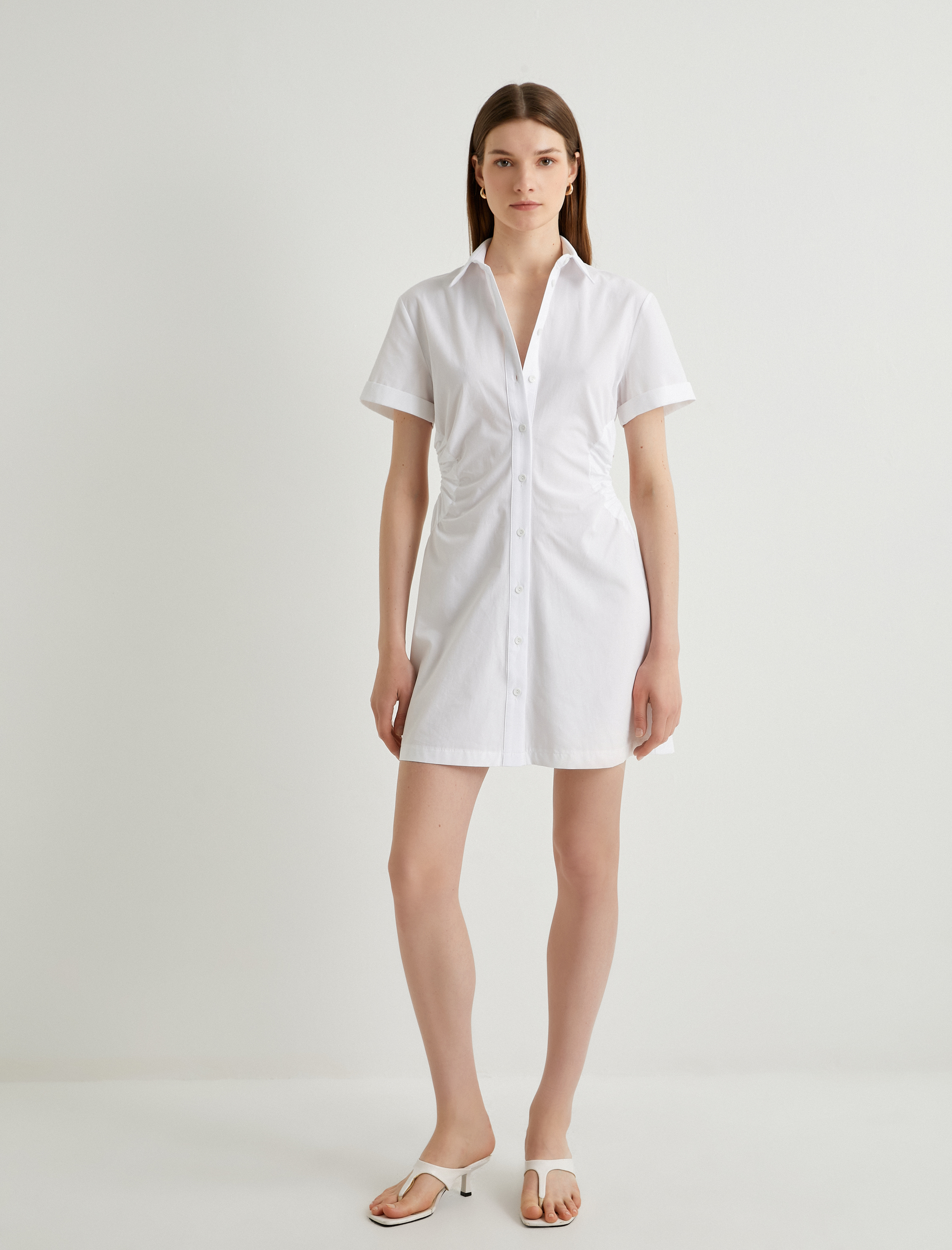   Mini Gömlek Elbise Pencere Detaylı Düğmeli Kısa Kollu Pamuklu