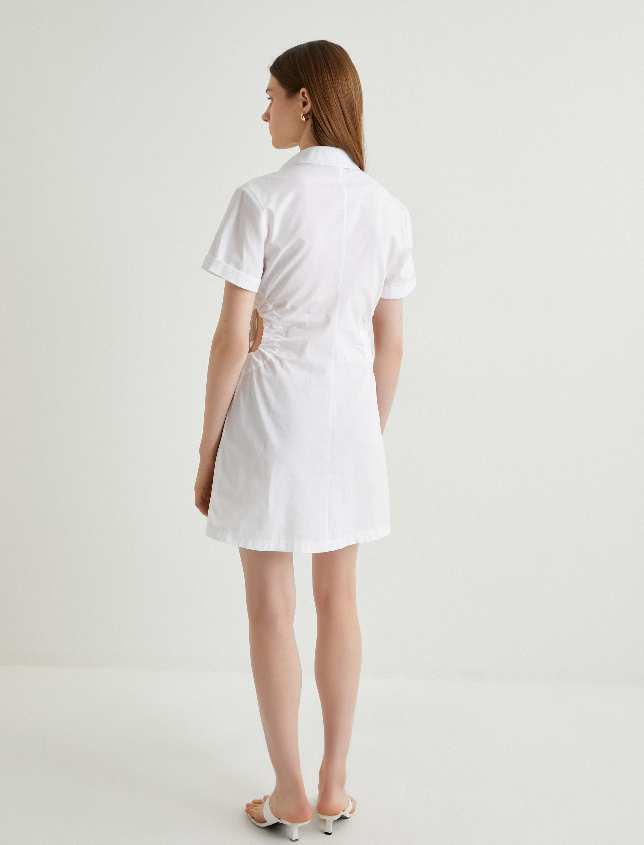   Mini Gömlek Elbise Pencere Detaylı Düğmeli Kısa Kollu Pamuklu