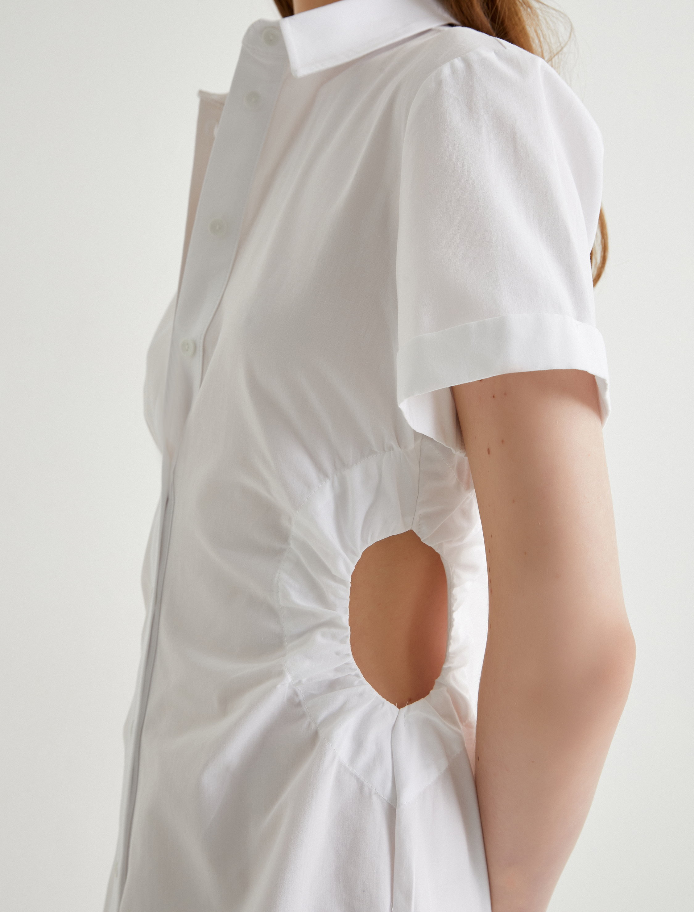   Mini Gömlek Elbise Pencere Detaylı Düğmeli Kısa Kollu Pamuklu