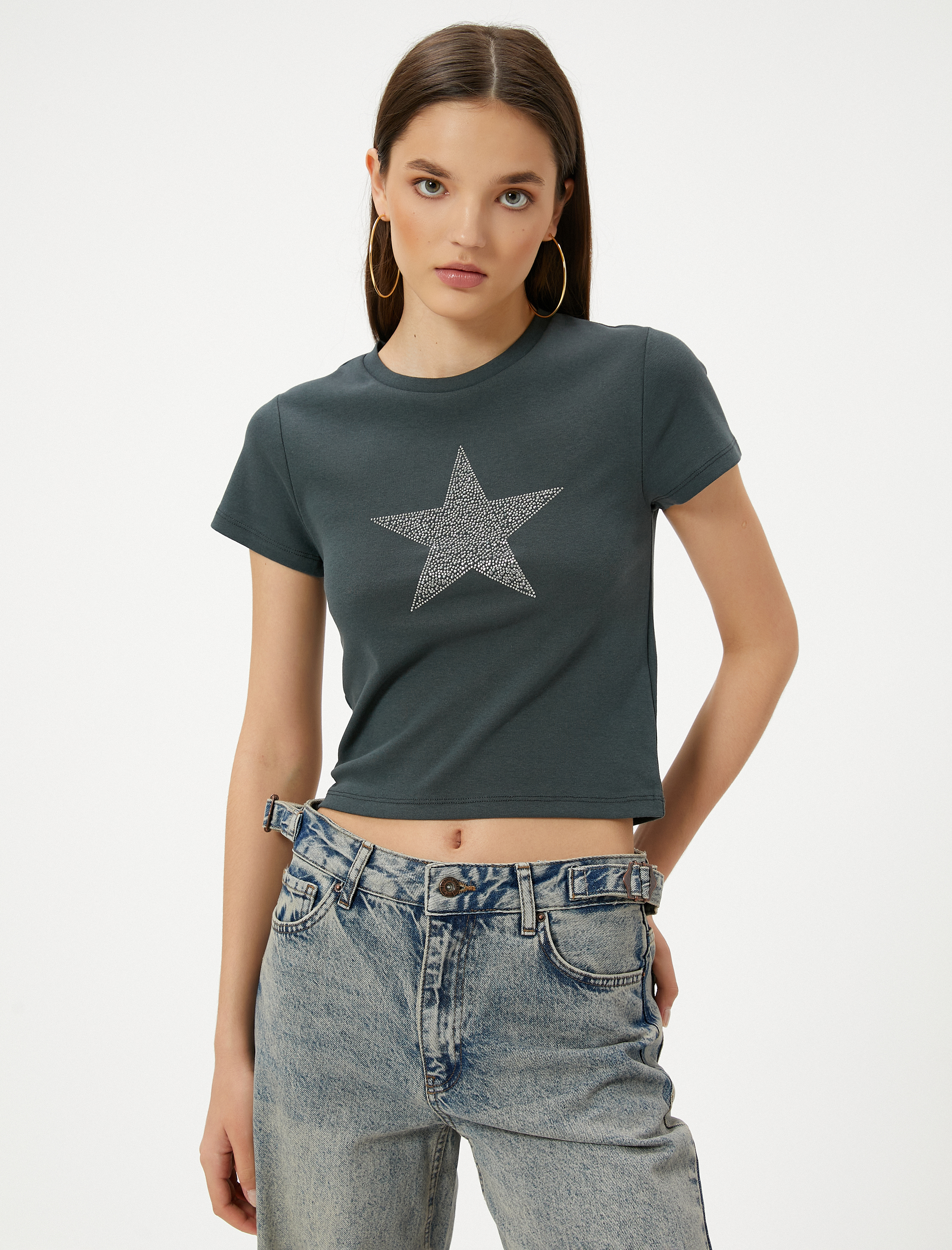   Yıldız İşlemeli Tişört Kısa Kollu Bisiklet Yaka Pamuklu Slim Fit