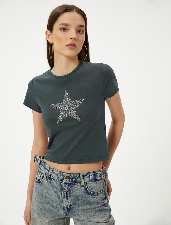 Yıldız İşlemeli Tişört Kısa Kollu Bisiklet Yaka Pamuklu Slim Fit
