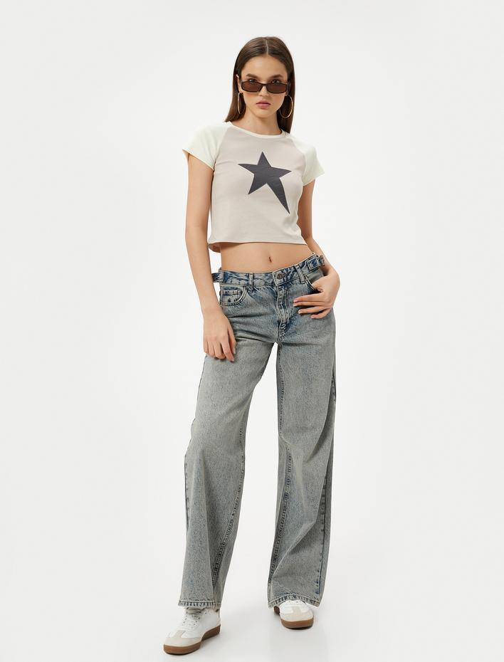  Yıldız Baskılı Tişört Kısa Kollu Bisiklet Yaka Pamuklu Slim Fit