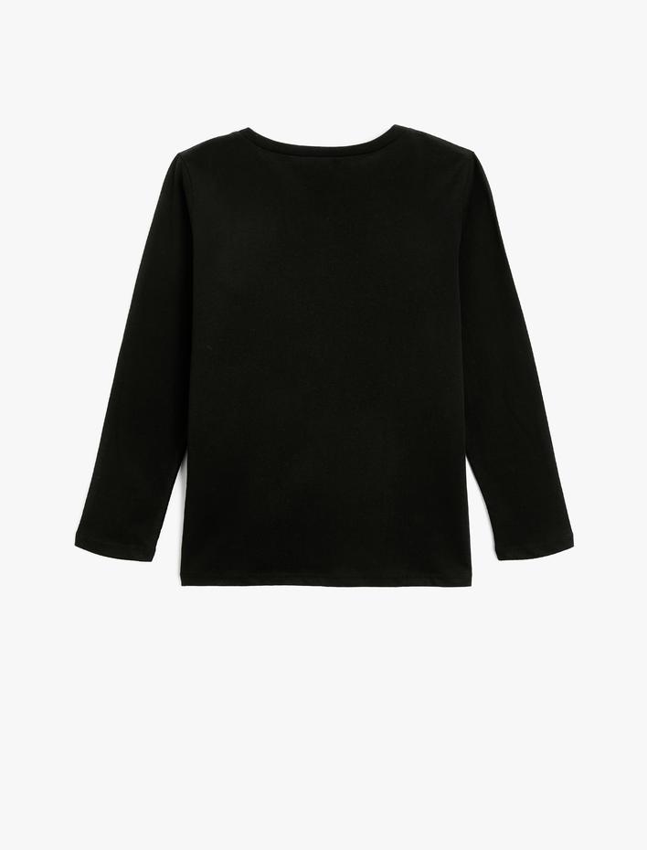 Kız Çocuk Tişört Baskı Detaylı Uzun Kollu Bisiklet Yaka Pamuklu