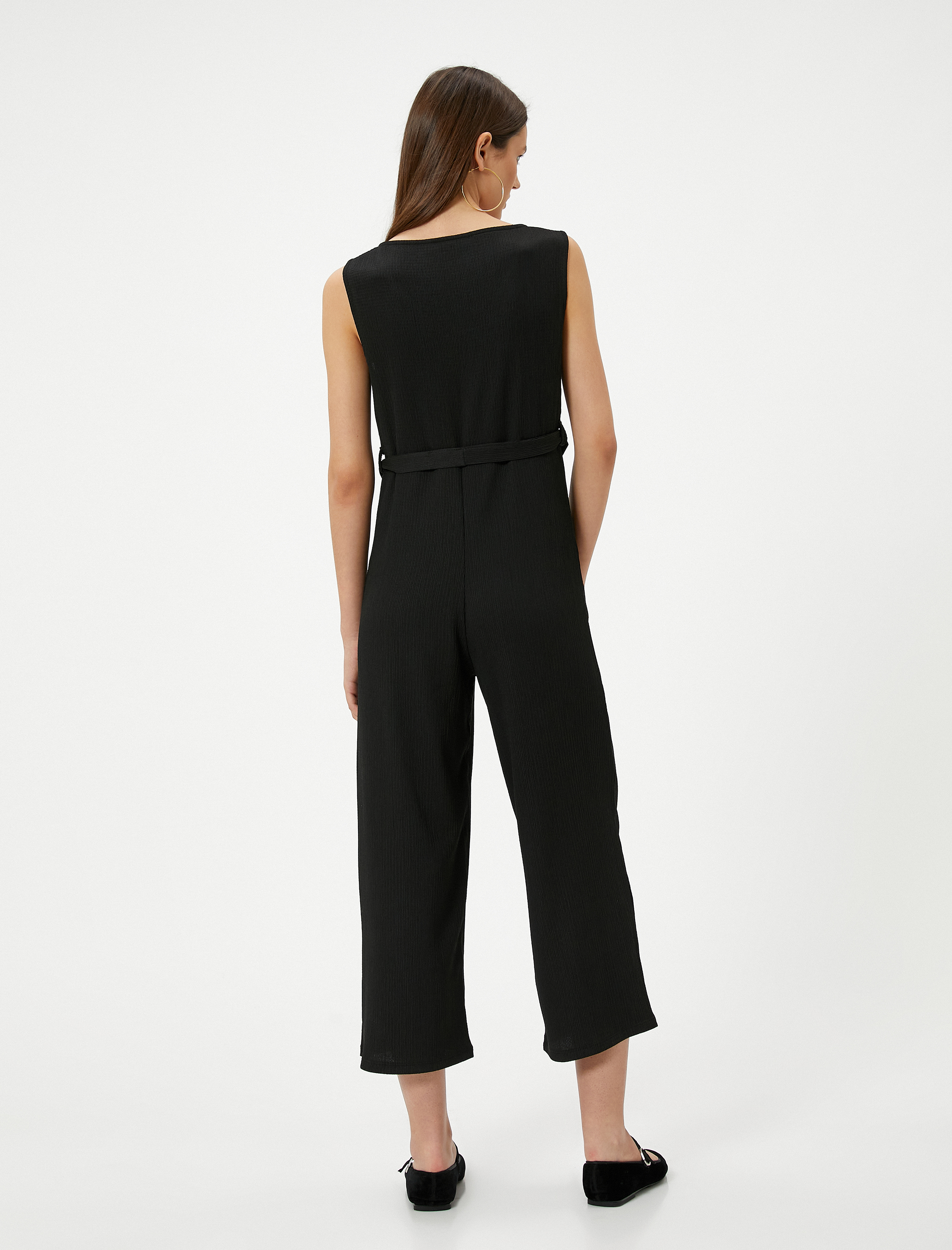   Tulum V Yaka Düğmeli Bol Paça Kolsuz Kemer Detaylı Bürümcük