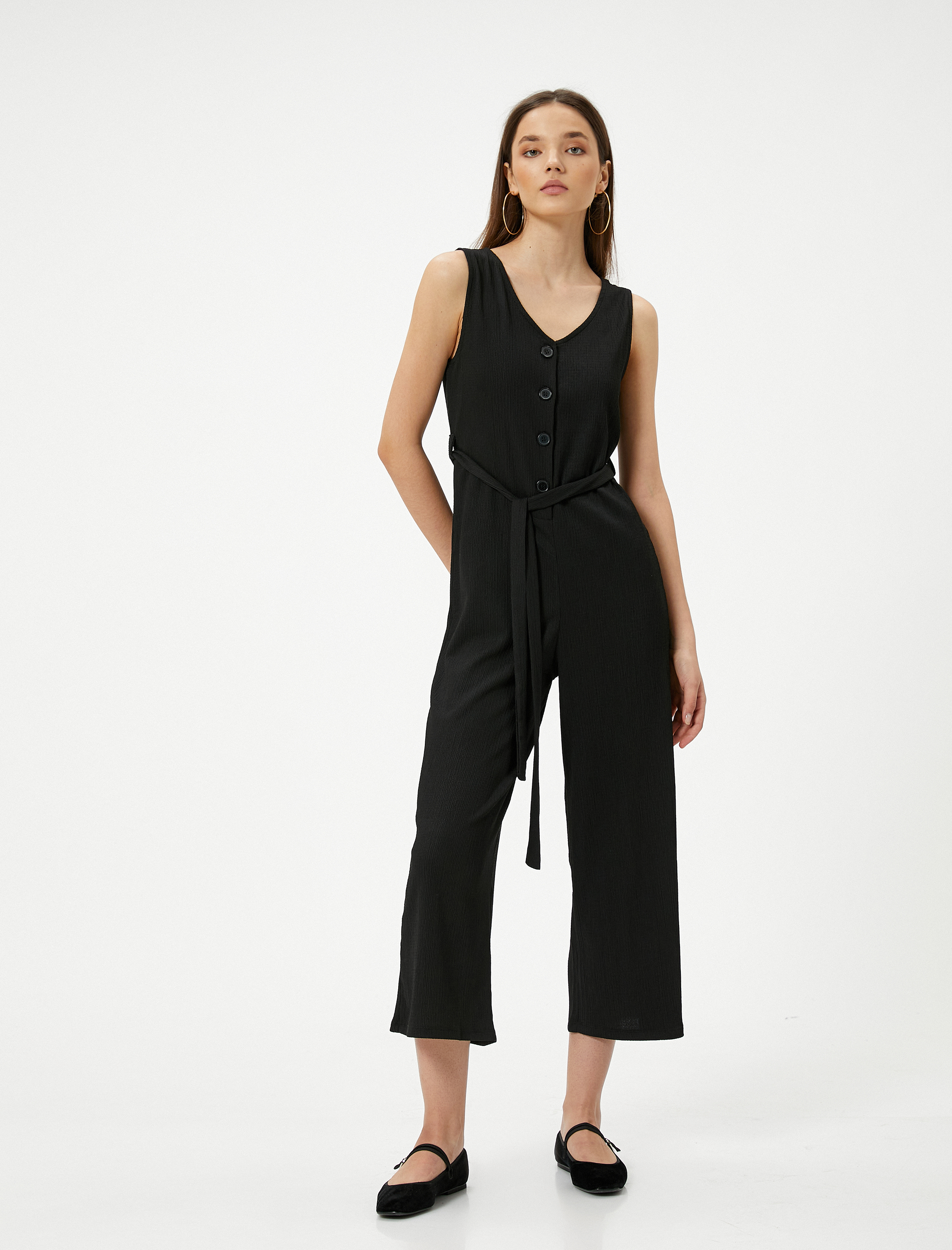   Tulum V Yaka Düğmeli Bol Paça Kolsuz Kemer Detaylı Bürümcük