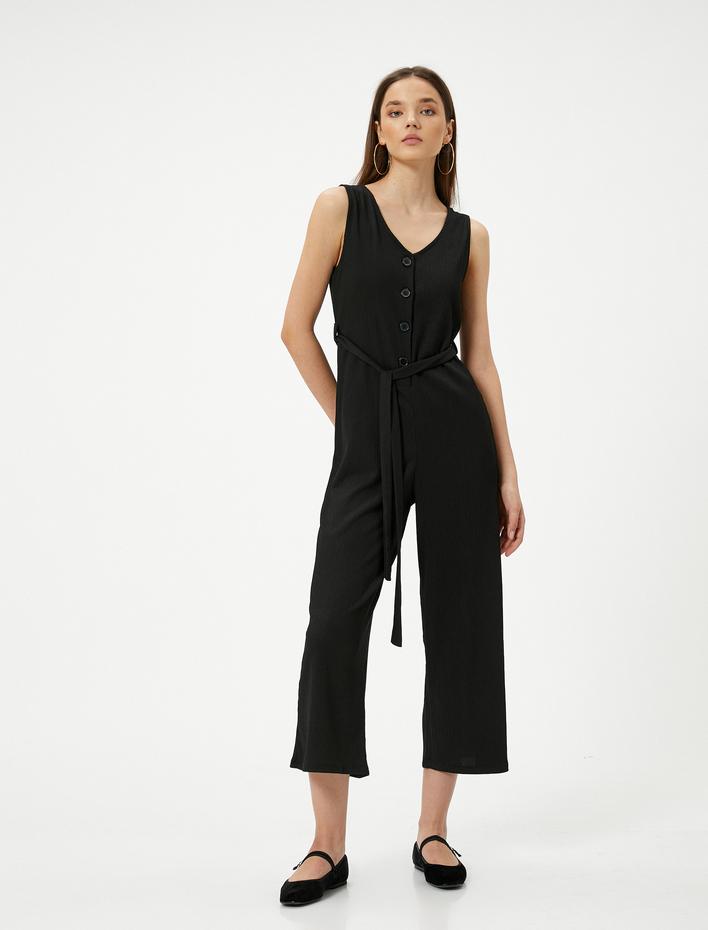  Tulum V Yaka Düğmeli Bol Paça Kolsuz Kemer Detaylı Bürümcük