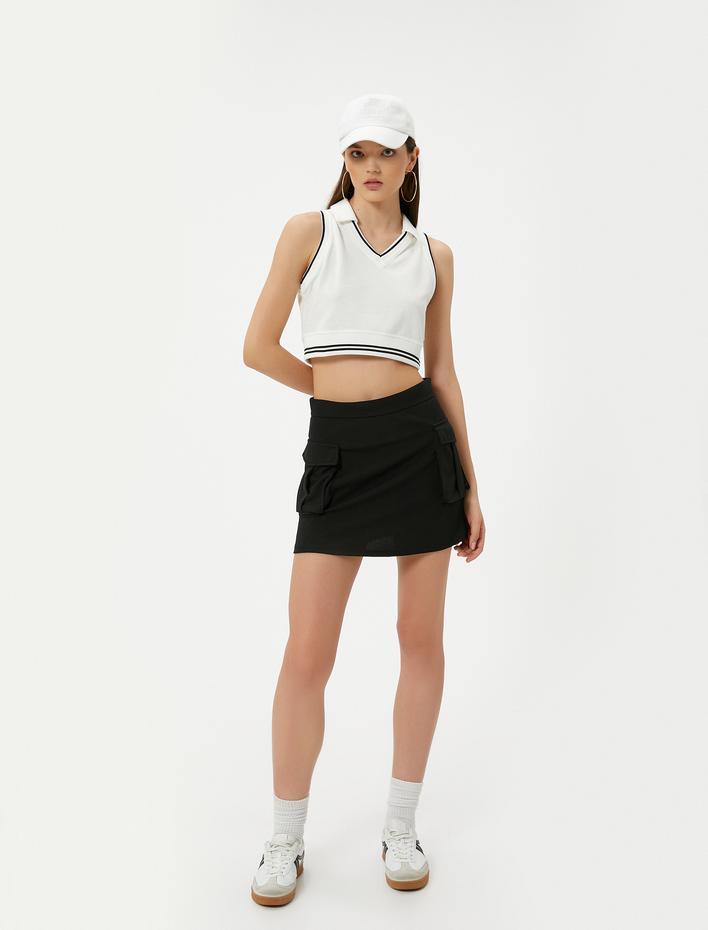  Polo Yaka Crop Üst Kolsuz Çizgili Pamuklu