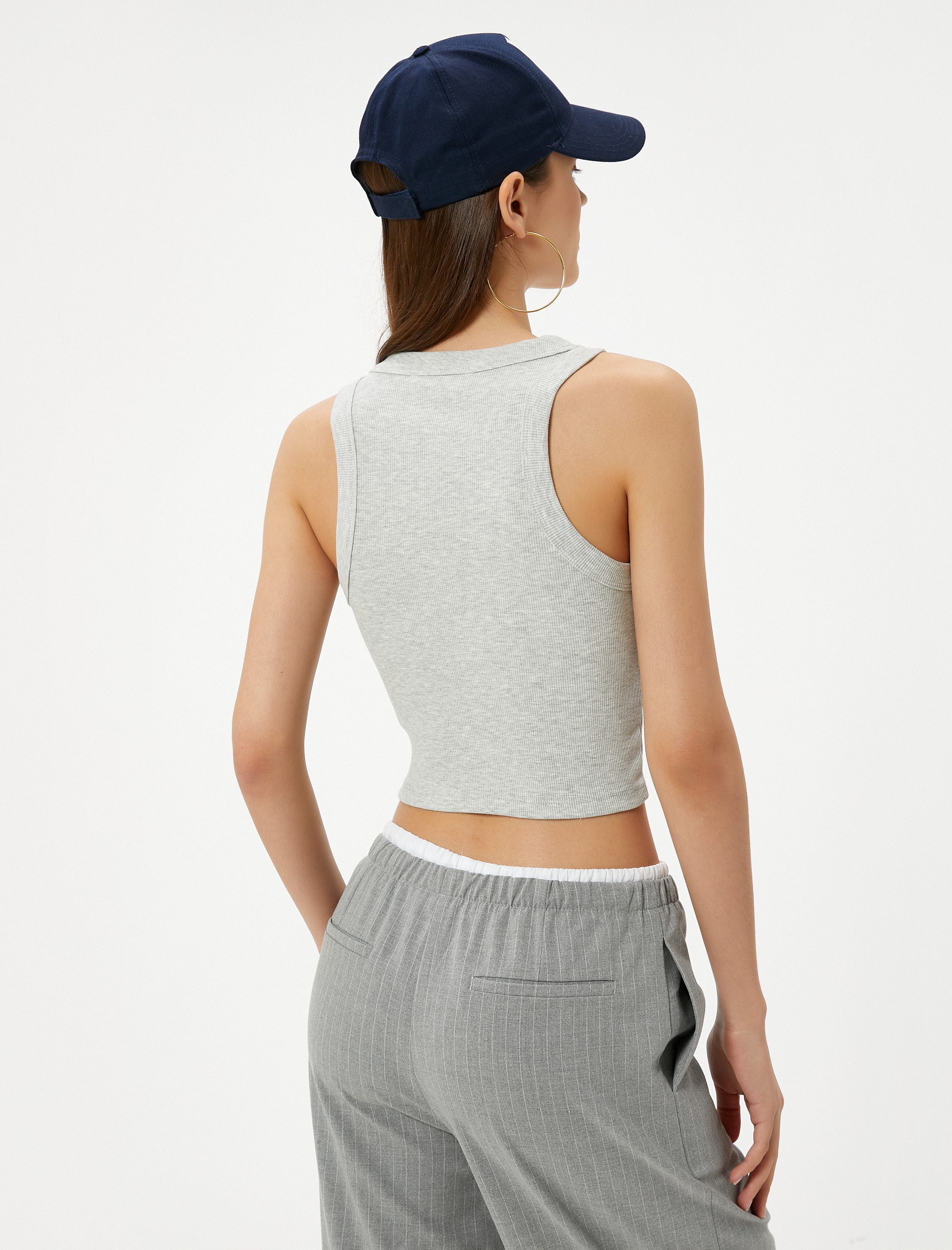   Crop Basic Halter Yaka Atlet Ribanalı Pamuklu Slim Fit