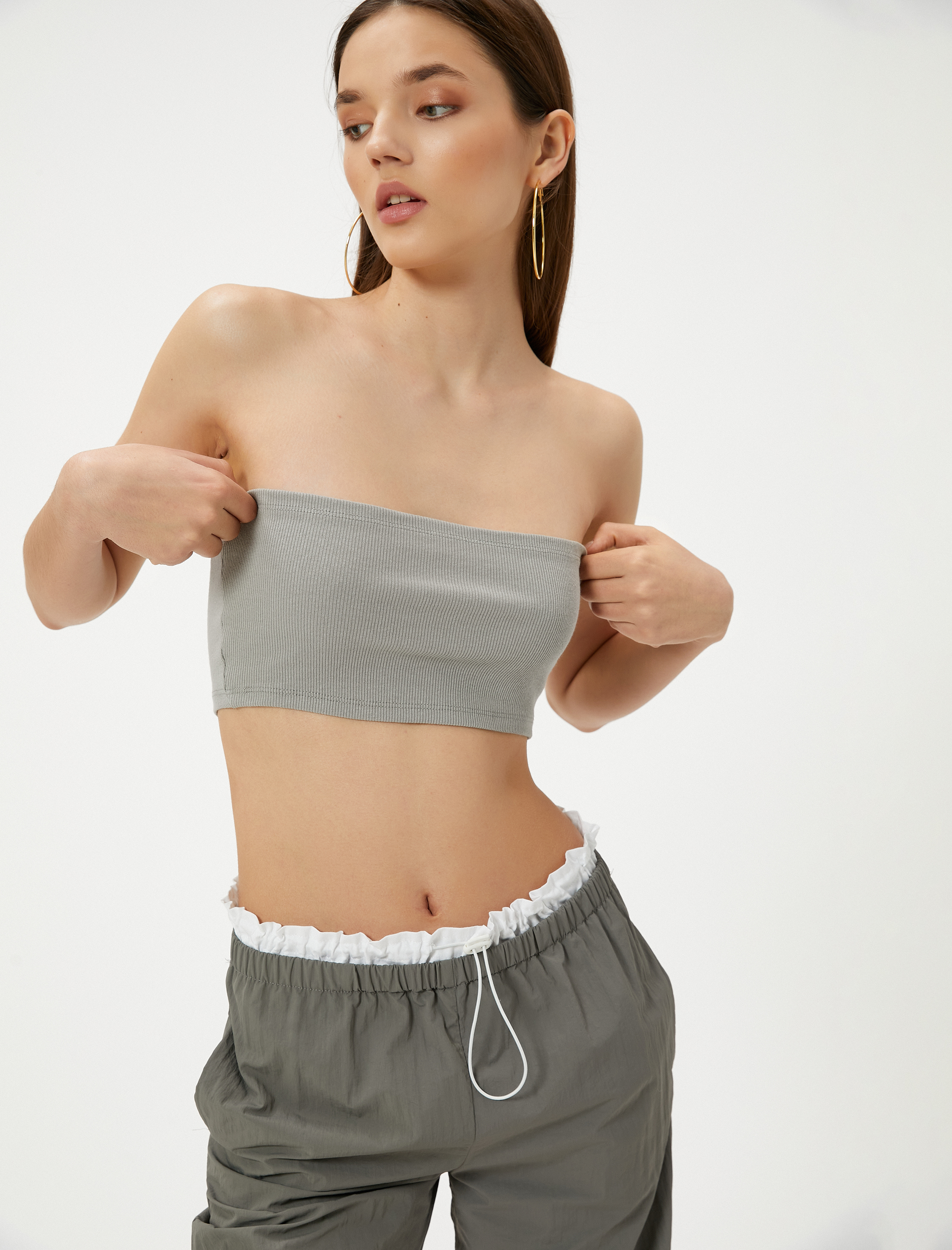   Crop Straplez Üst Ribanalı Pamuklu