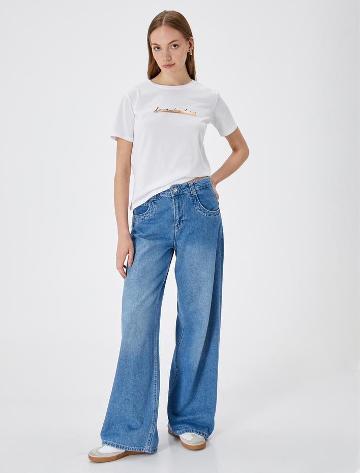  Baskılı Tişöt Kısa Kollu Bisiklet Yaka Pamuklu