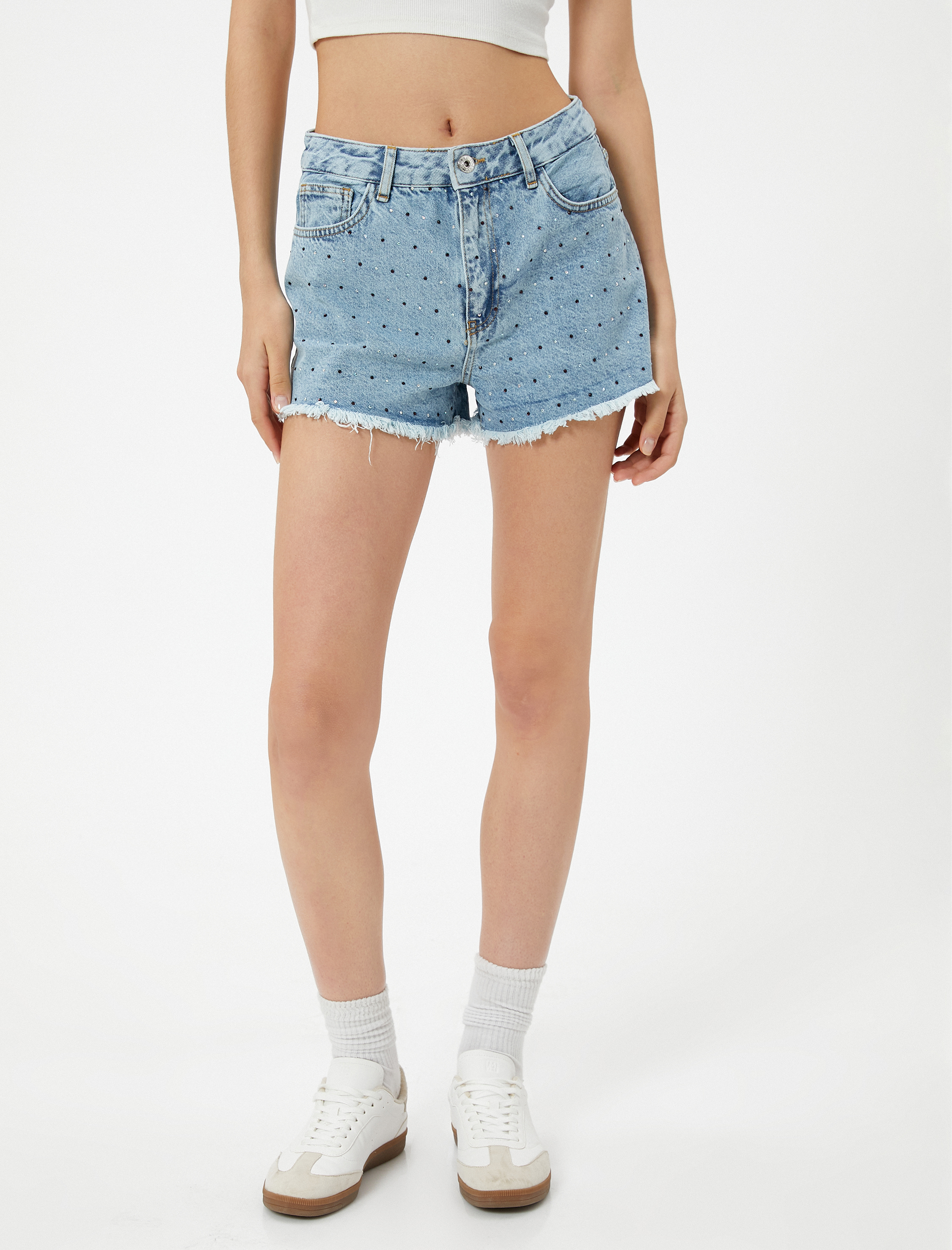   Taşlı Kot Şort Rahat Kalıp Cepli