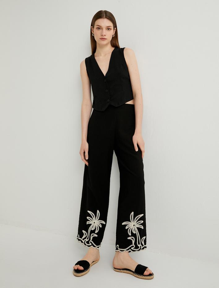  Viskon Pantolon Culotte Nakış Detaylı Normal Bel