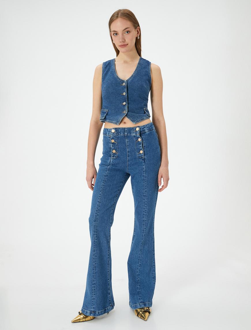   İspanyol Paça Kot Pantolon Önden Çift Düğme Detaylı Cepli - Victoria Flare Jeans