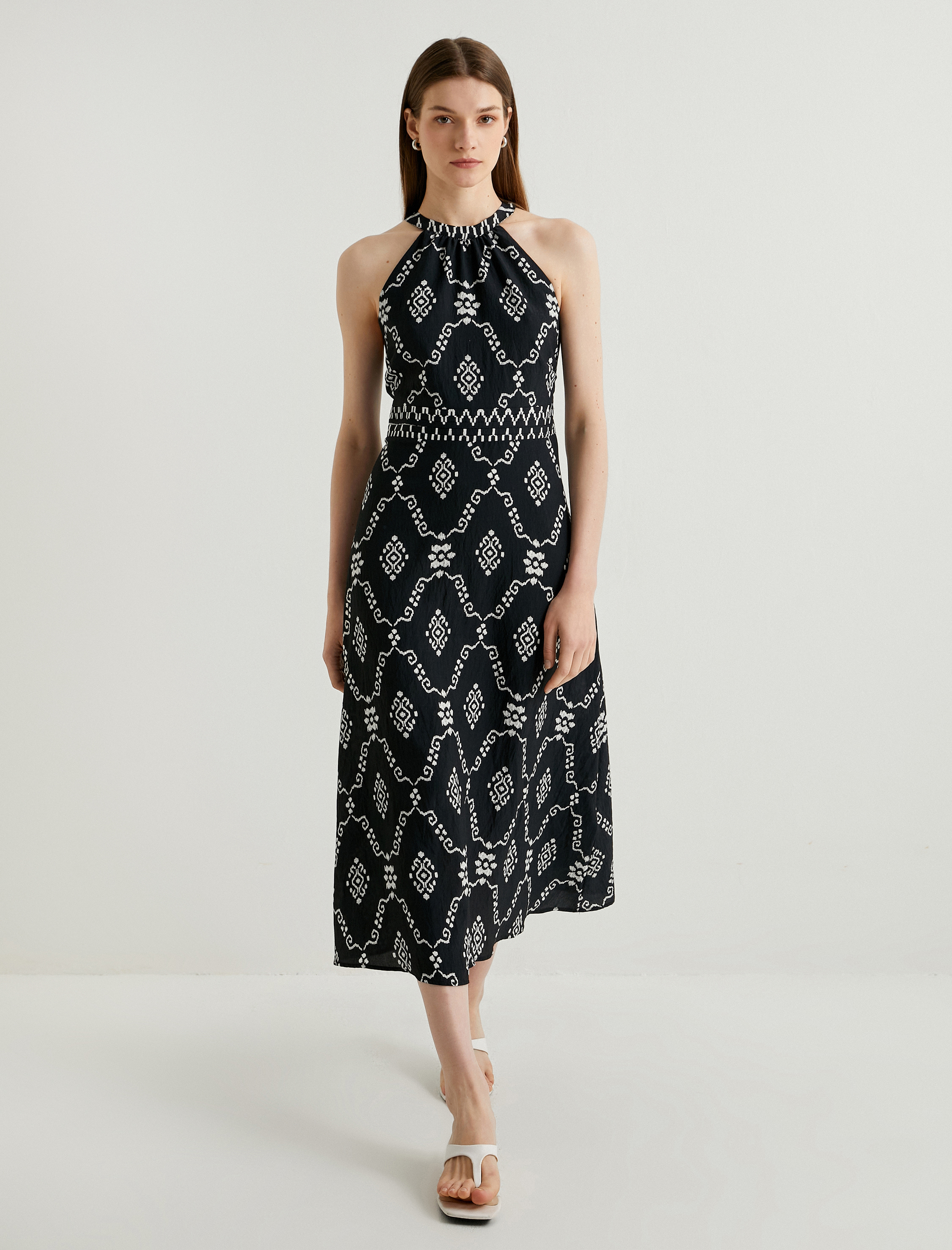   Halter Yaka Elbise Midi Viskon Baskılı