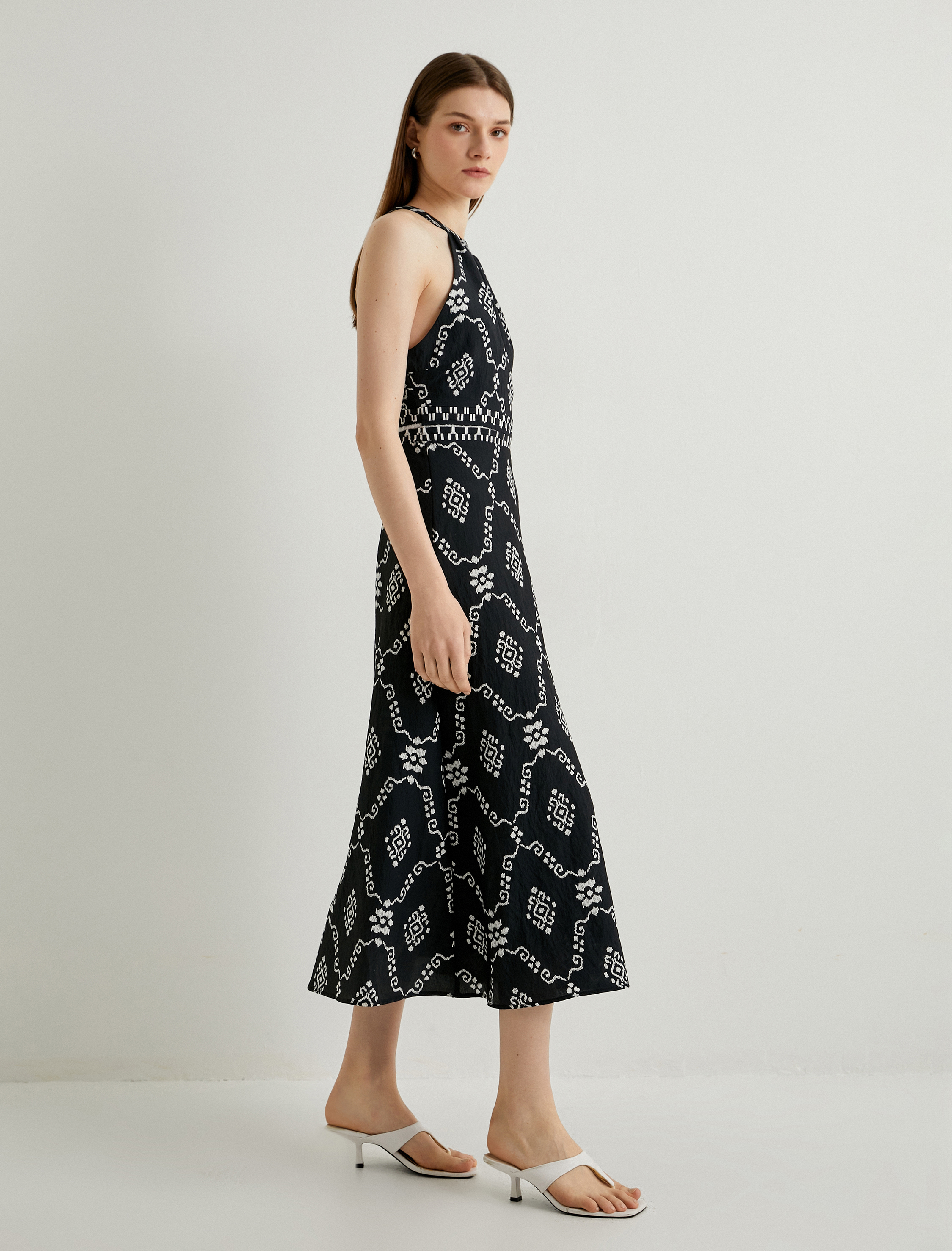   Halter Yaka Elbise Midi Viskon Baskılı