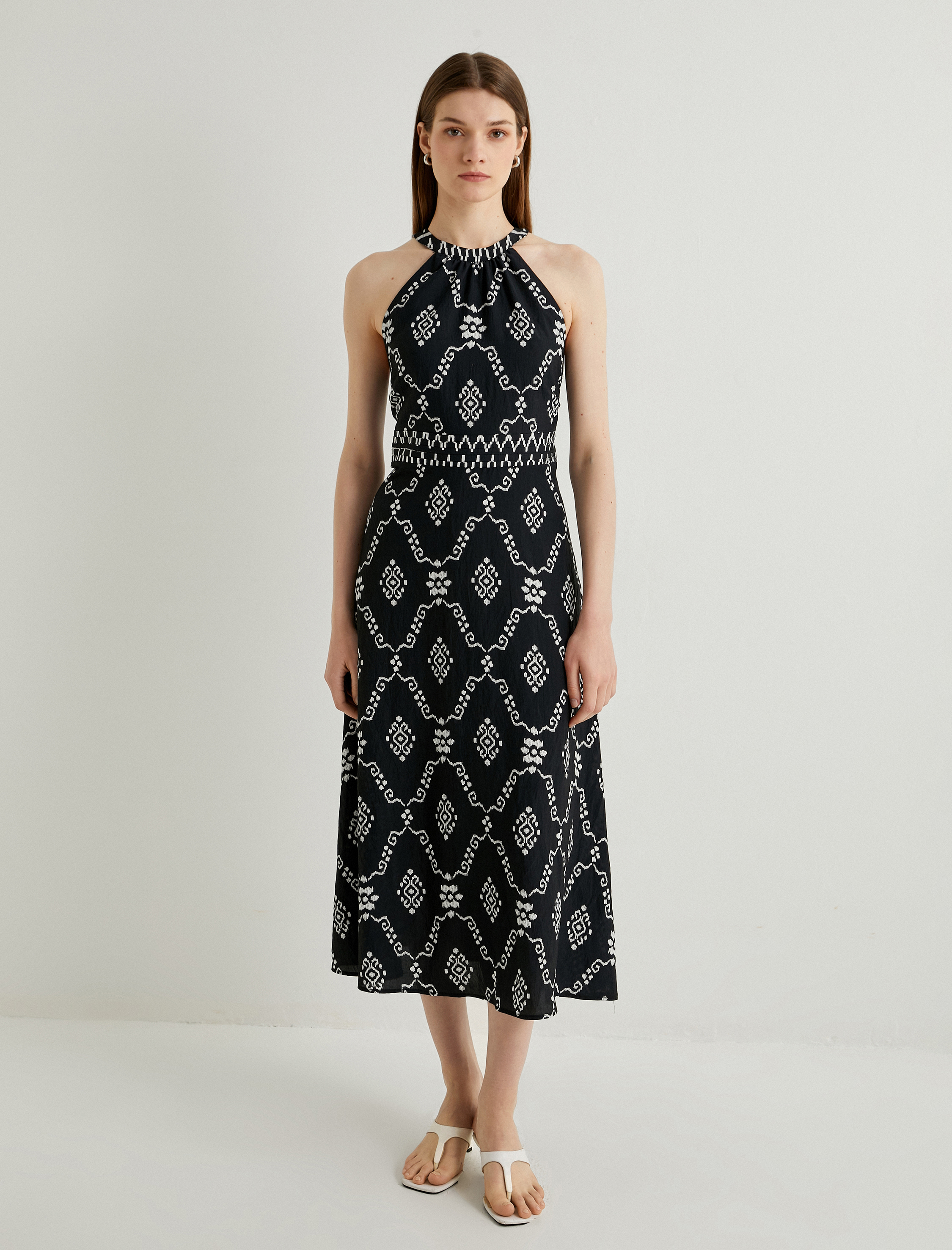   Halter Yaka Elbise Midi Viskon Baskılı