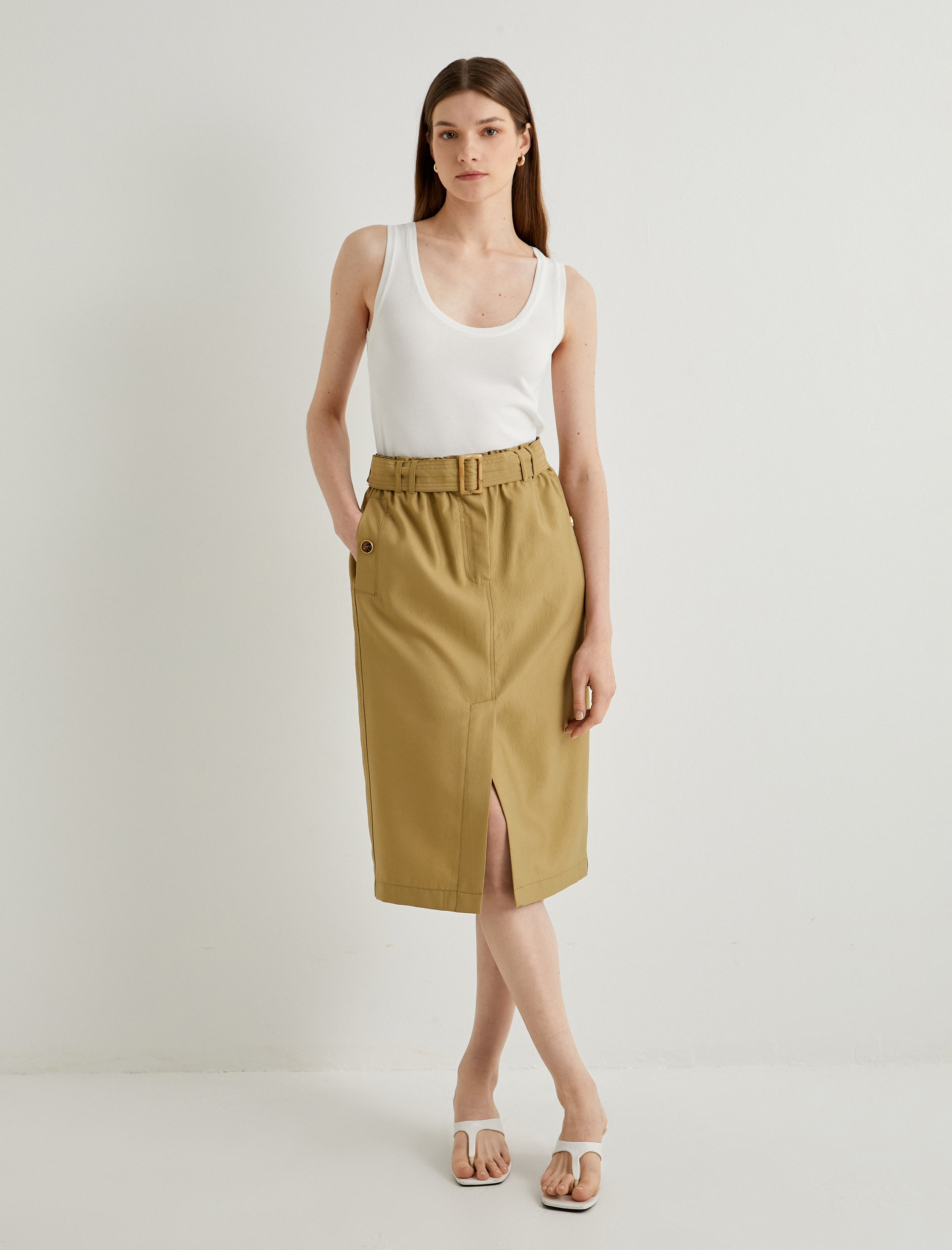   Midi Kargo Etek Cep Detaylı Kemerli Yırtmaçlı