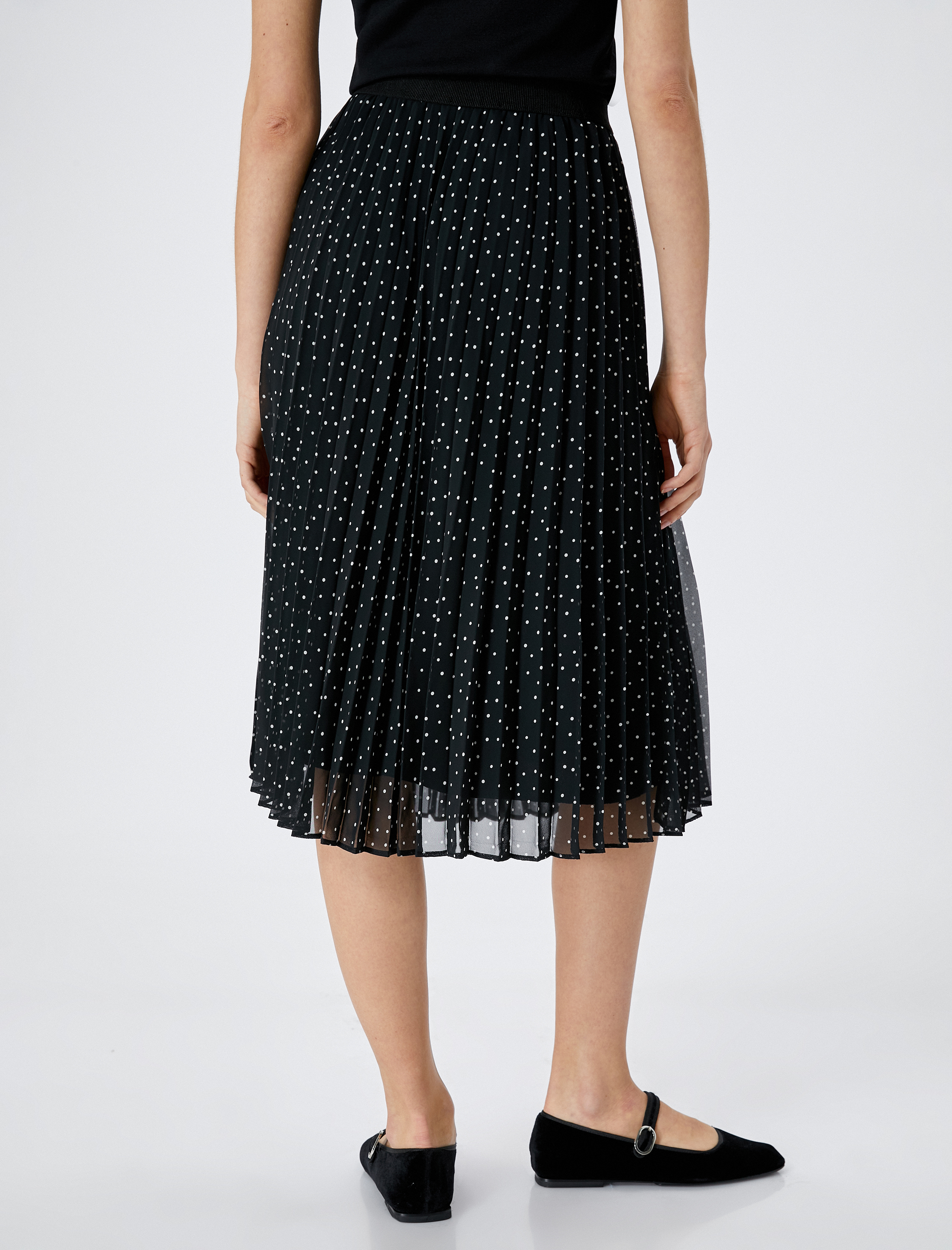   Midi Pileli Etek Puantiyeli Lastikli Yüksek Bel