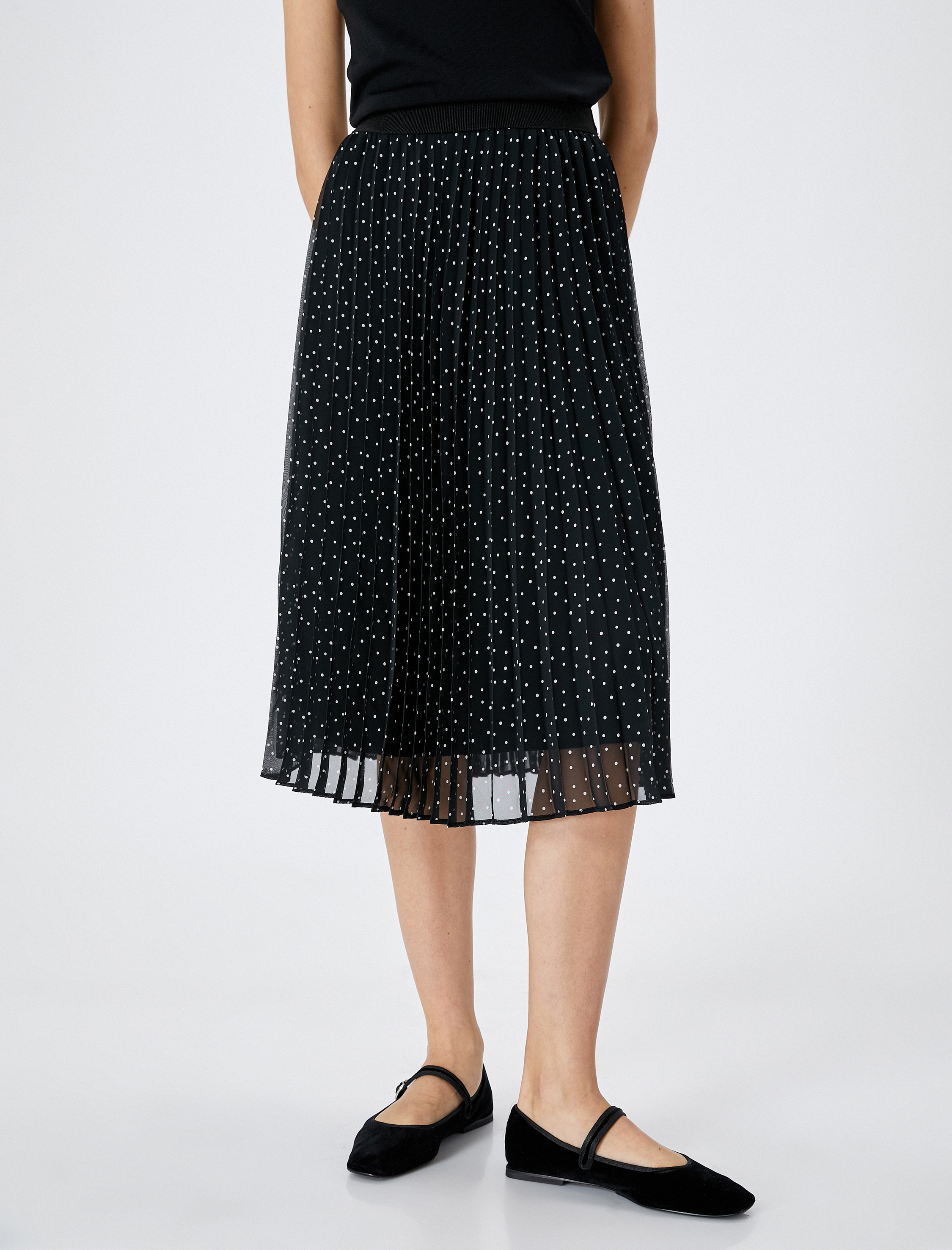   Midi Pileli Etek Puantiyeli Lastikli Yüksek Bel