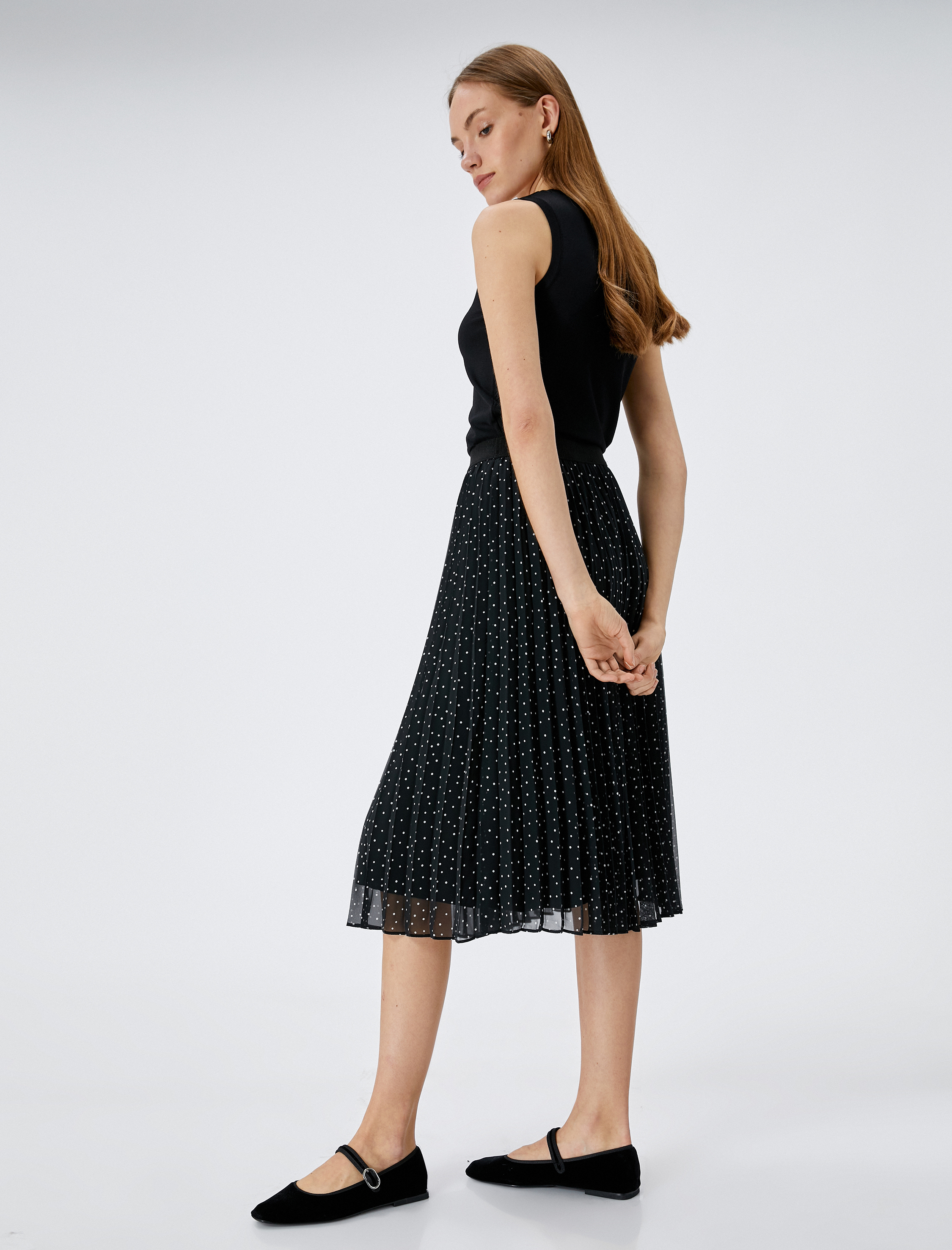   Midi Pileli Etek Puantiyeli Lastikli Yüksek Bel