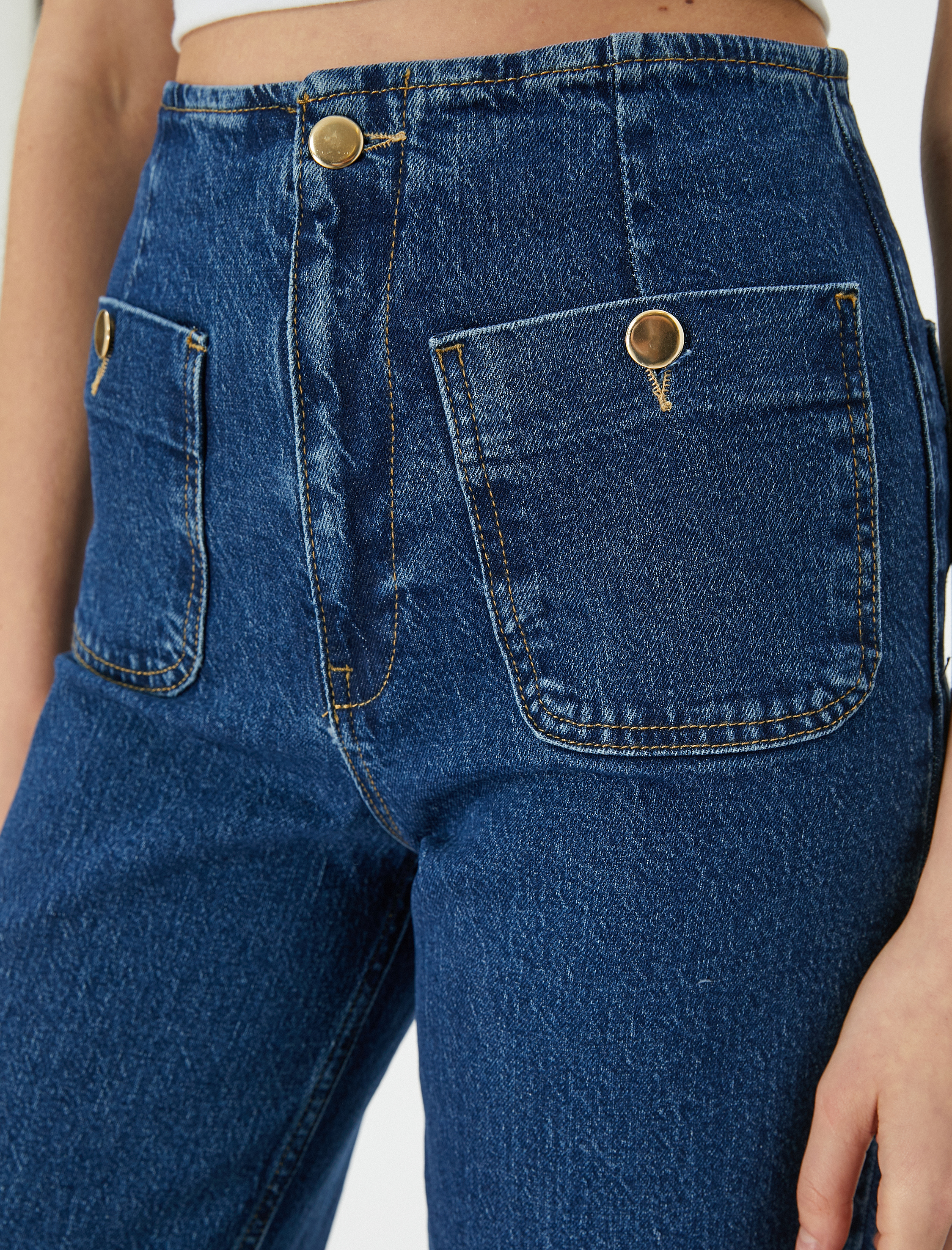   Kısa Geniş Paça Kot Pantolon Yüksek Bel Rahat Kalıp Önden Cep Detaylı - Sandra Culotte Jeans