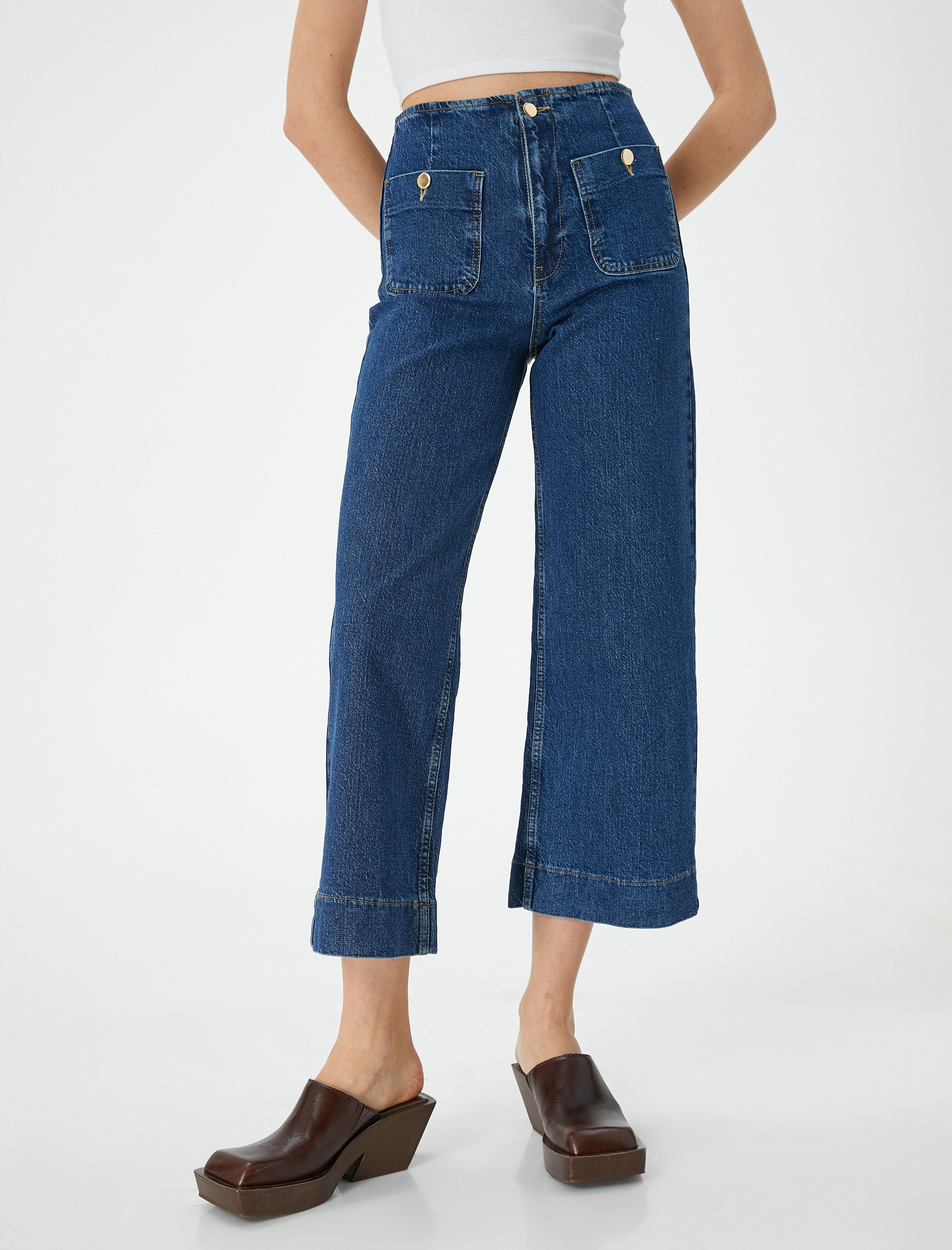   Kısa Geniş Paça Kot Pantolon Yüksek Bel Rahat Kalıp Önden Cep Detaylı - Sandra Culotte Jeans