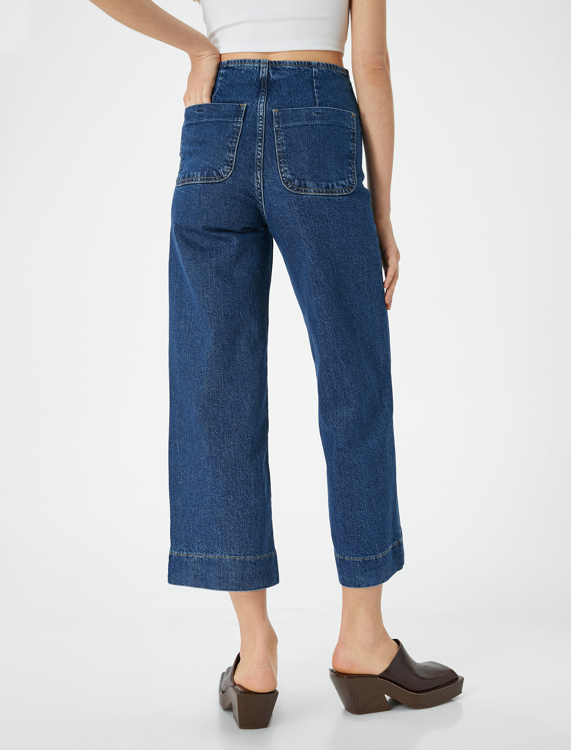   Kısa Geniş Paça Kot Pantolon Yüksek Bel Rahat Kalıp Önden Cep Detaylı - Sandra Culotte Jeans