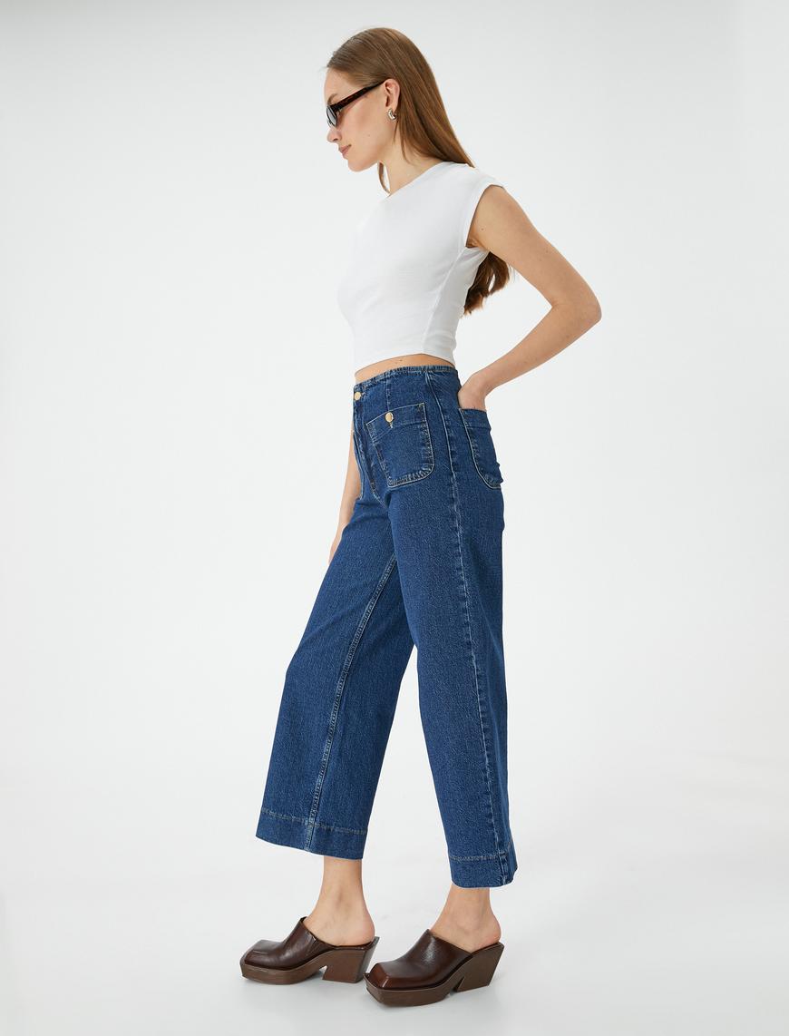   Kısa Geniş Paça Kot Pantolon Yüksek Bel Rahat Kalıp Önden Cep Detaylı - Sandra Culotte Jeans