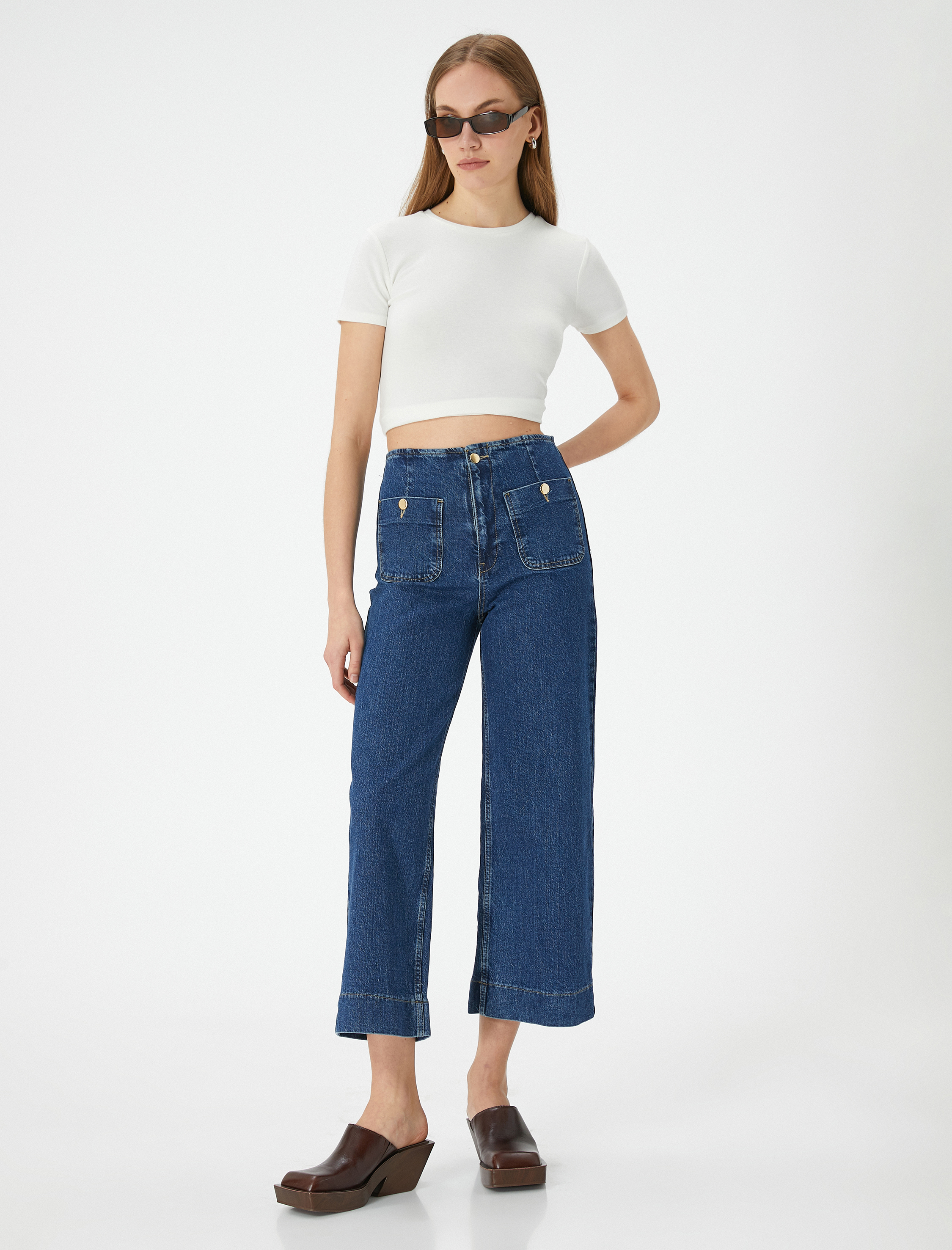   Kısa Geniş Paça Kot Pantolon Yüksek Bel Rahat Kalıp Önden Cep Detaylı - Sandra Culotte Jeans