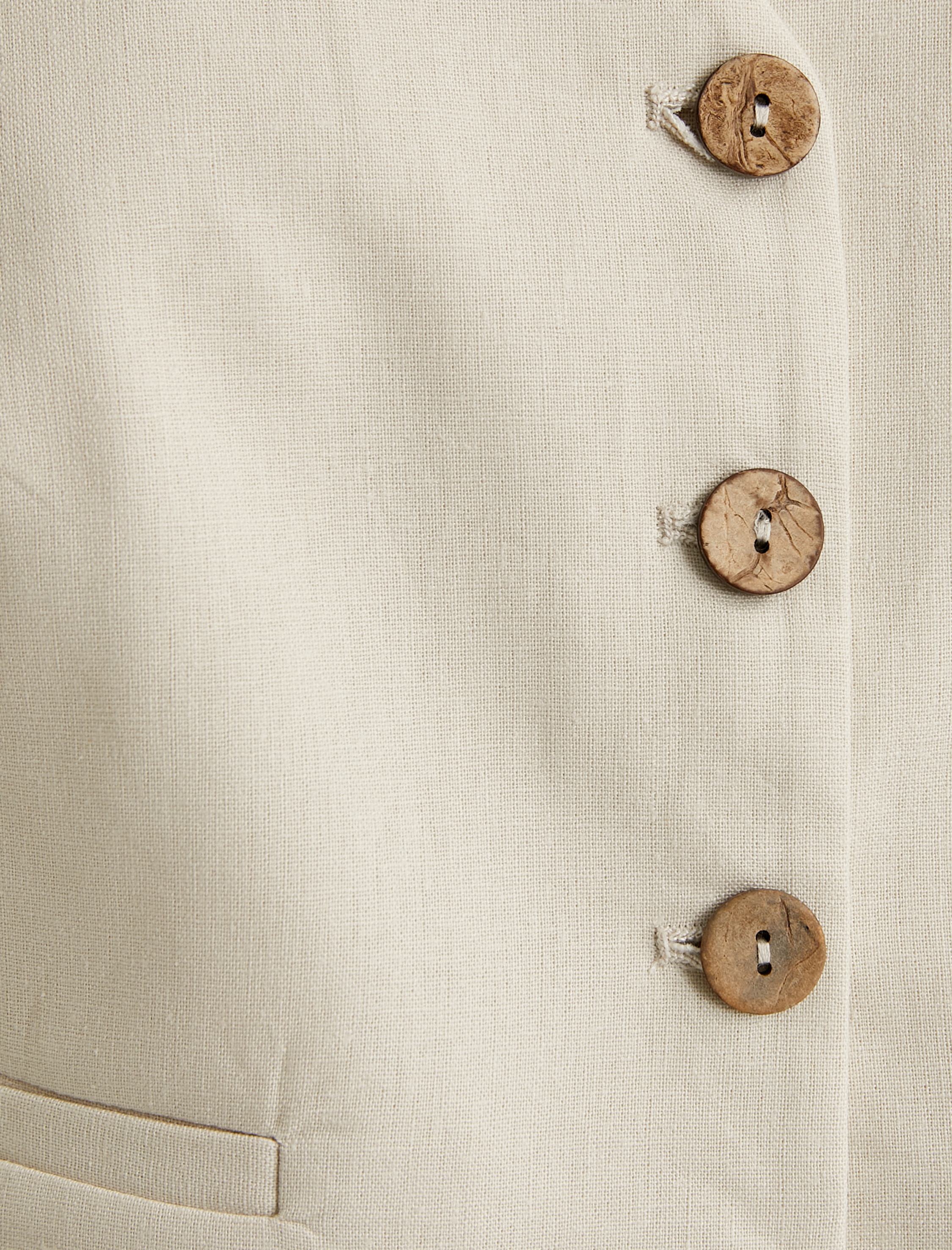   Keten Karışımlı Blazer Yelek V Yaka Düğmeli Fleto Cepli