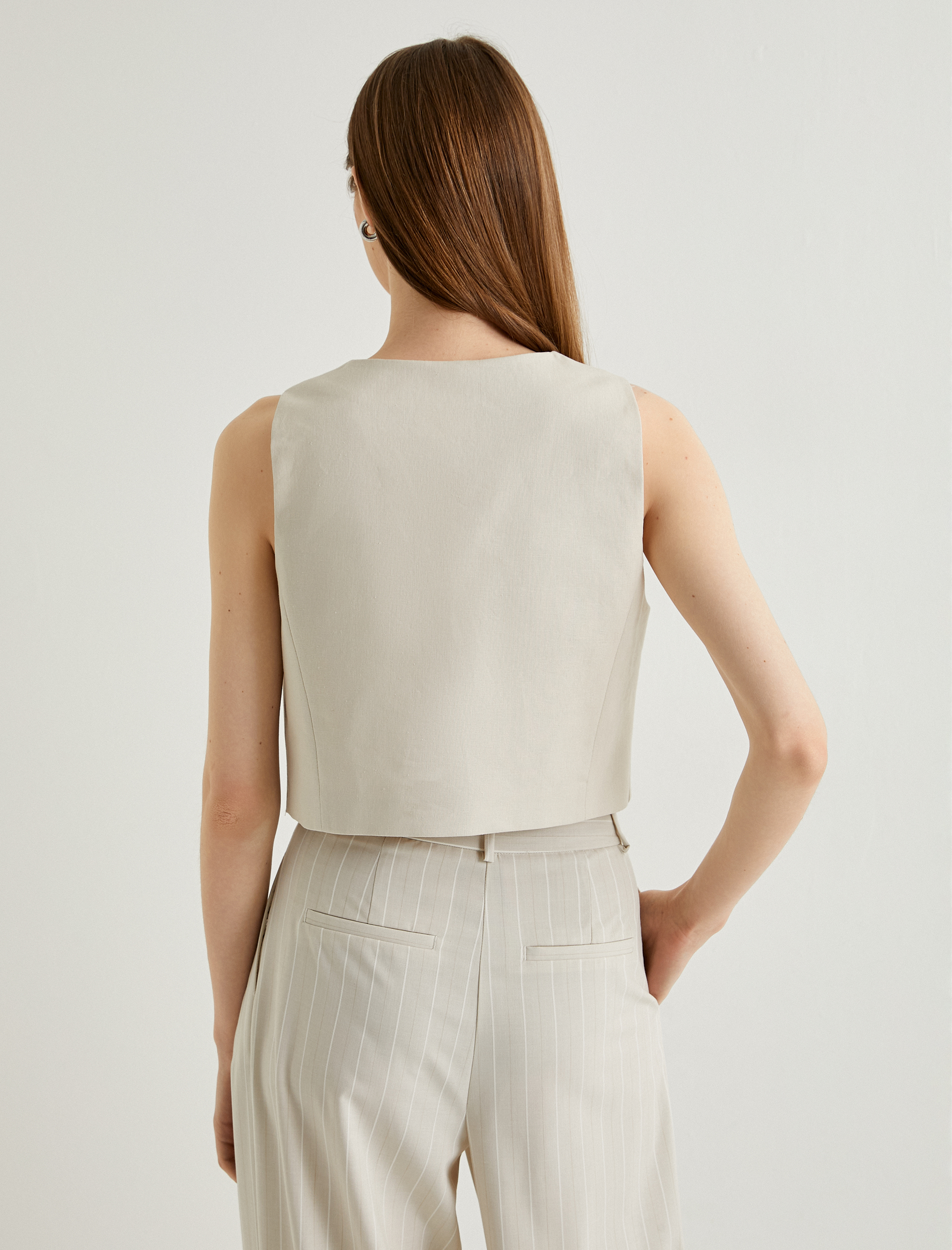   Keten Karışımlı Blazer Yelek V Yaka Düğmeli Fleto Cepli