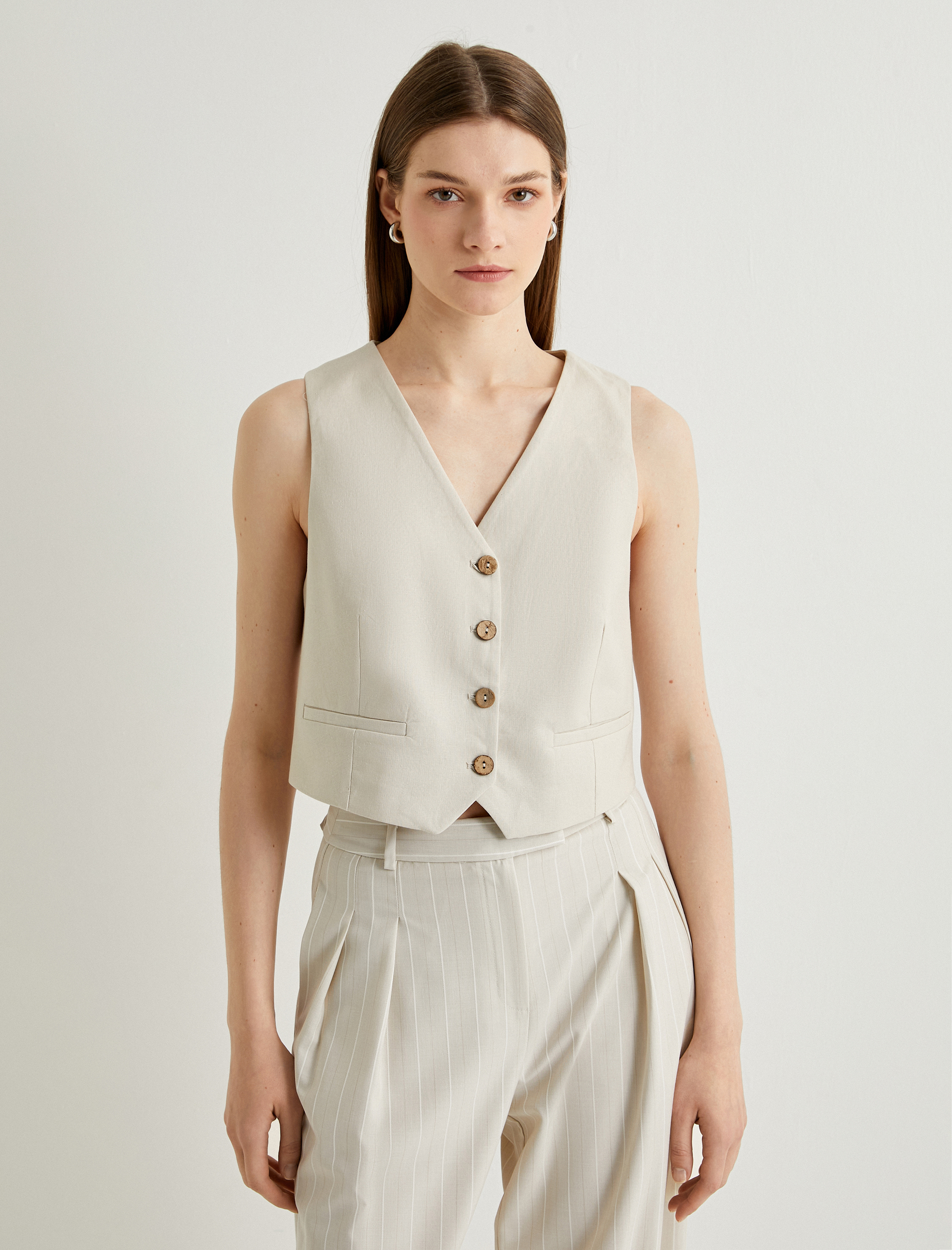   Keten Karışımlı Blazer Yelek V Yaka Düğmeli Fleto Cepli