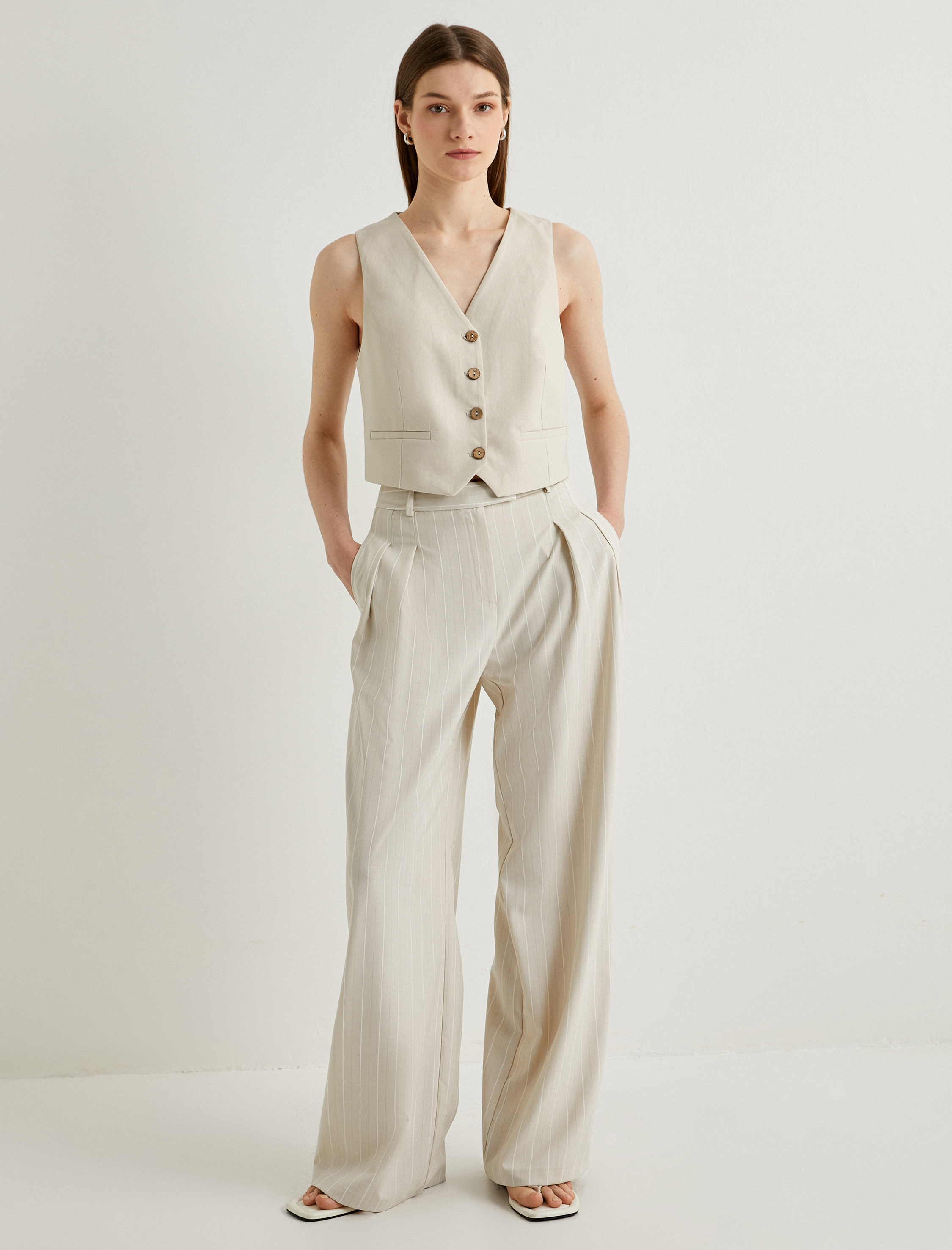   Keten Karışımlı Blazer Yelek V Yaka Düğmeli Fleto Cepli