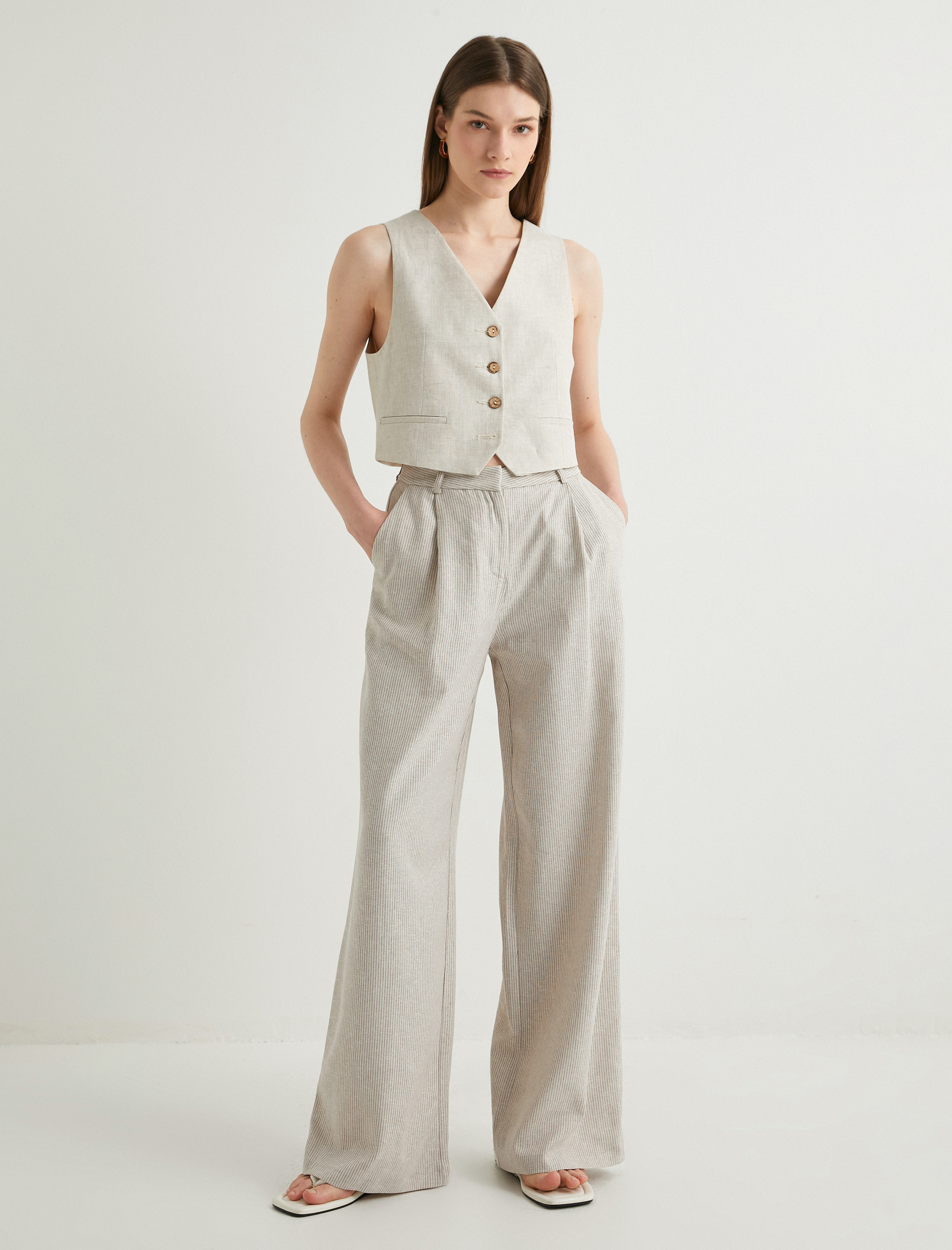   Keten Karışımlı Pantolon Palazzo Bol Paça Cepli Normal Bel