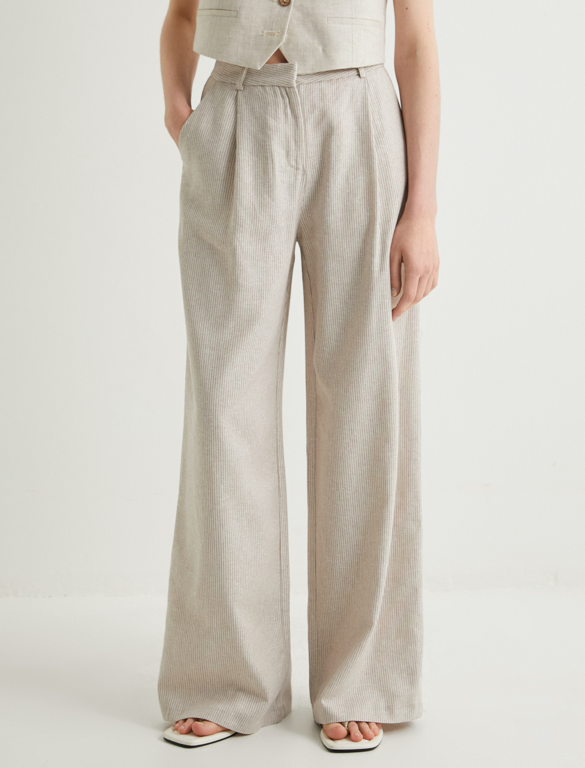   Keten Karışımlı Pantolon Palazzo Bol Paça Cepli Normal Bel