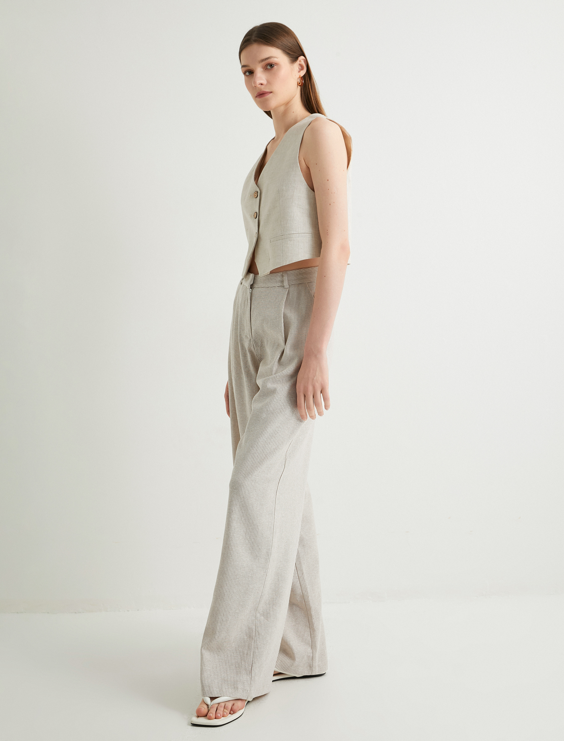   Keten Karışımlı Pantolon Palazzo Bol Paça Cepli Normal Bel