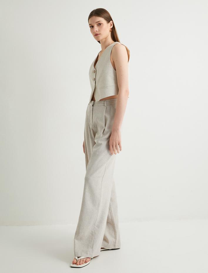  Keten Karışımlı Pantolon Palazzo Bol Paça Cepli Normal Bel