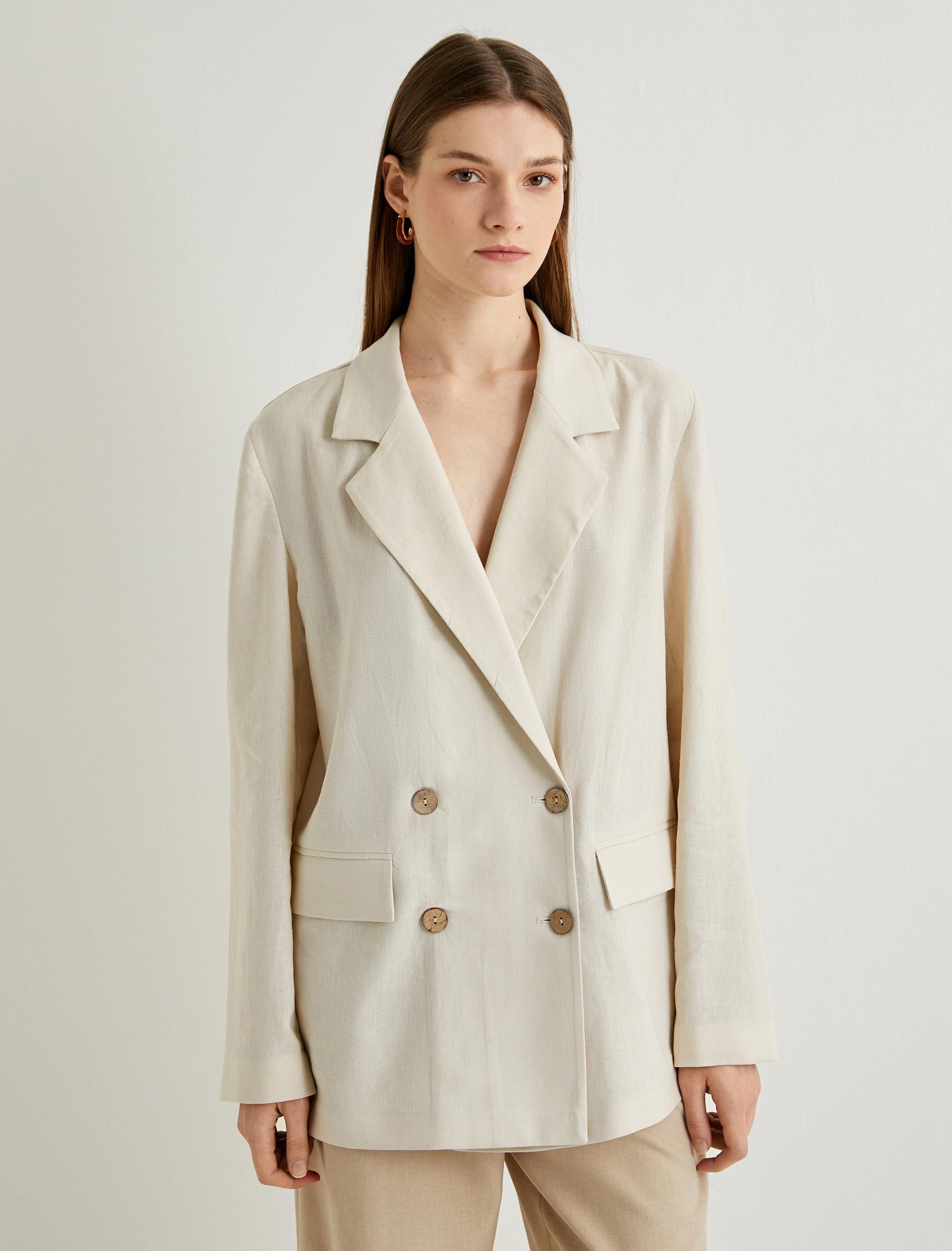 Keten Karışımlı Oversize Blazer Ceket Kruvaze Düğmeli Cep Detaylı