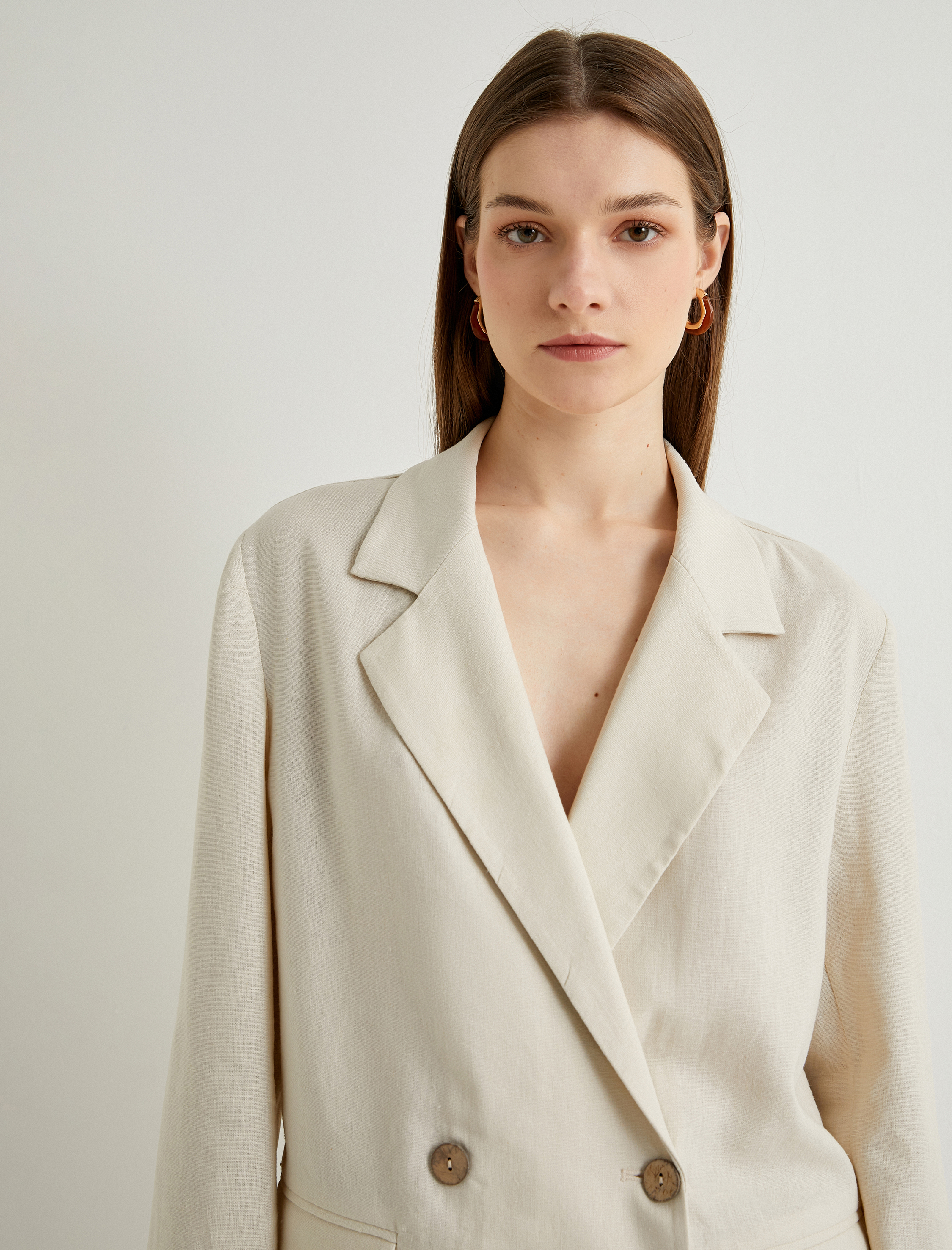 Keten Karışımlı Oversize Blazer Ceket Kruvaze Düğmeli Cep Detaylı