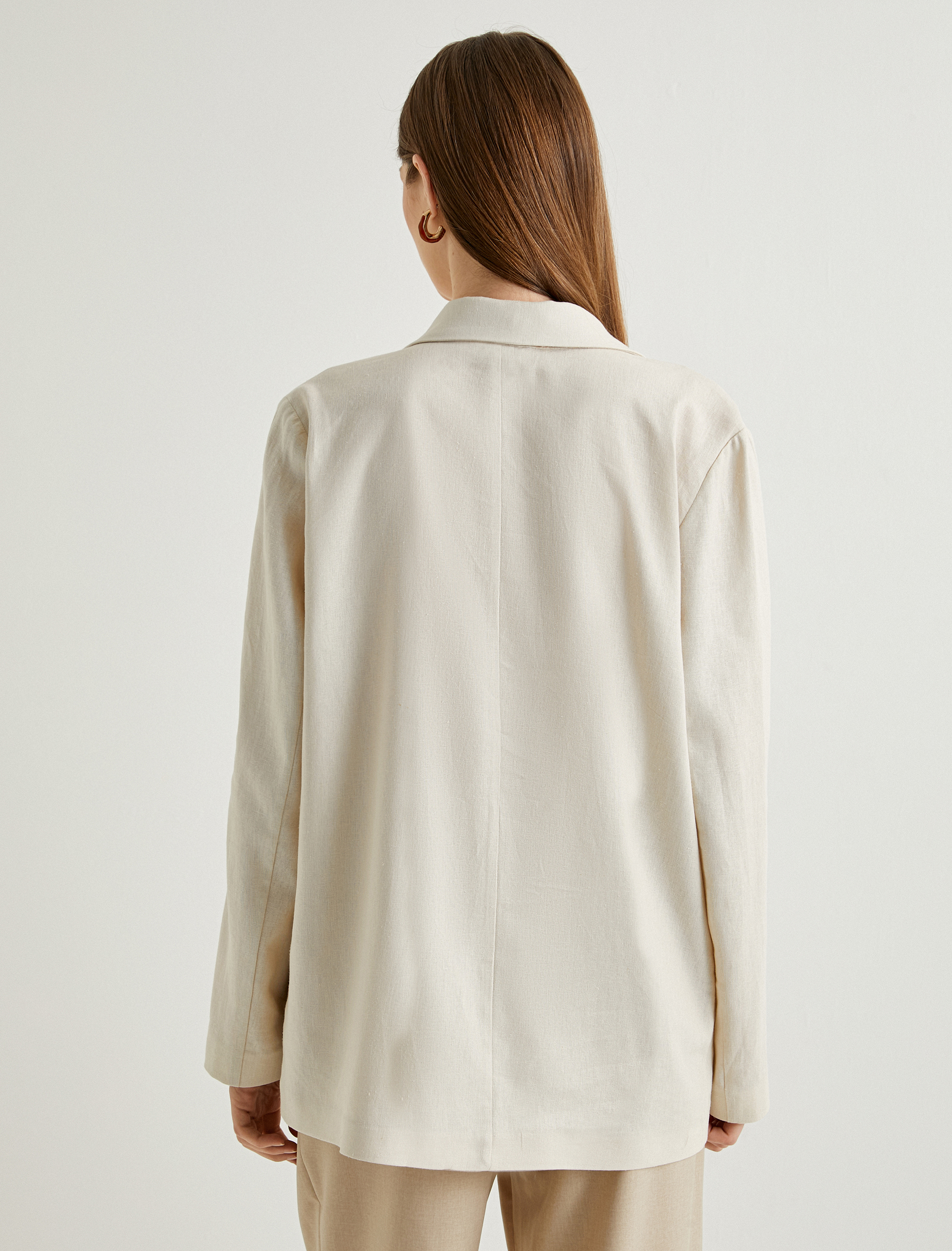 Keten Karışımlı Oversize Blazer Ceket Kruvaze Düğmeli Cep Detaylı