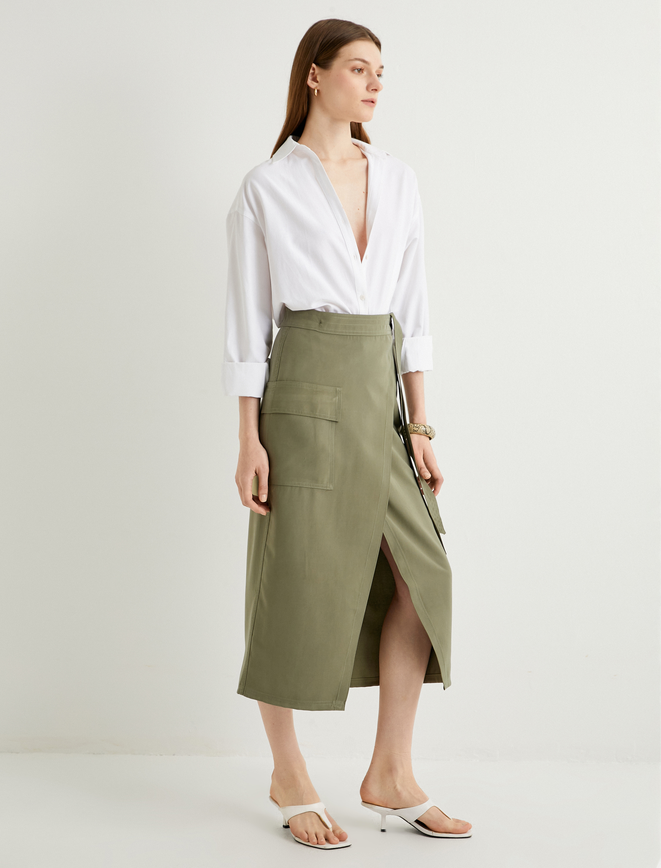   Midi Kargo Etek Cep Detaylı Kemerli Yırtmaçlı