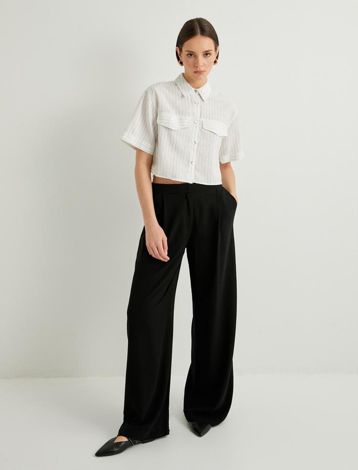  Crop Gömlek Kısa Kollu Cep Detaylı Düğmeli Keten Karışımlı