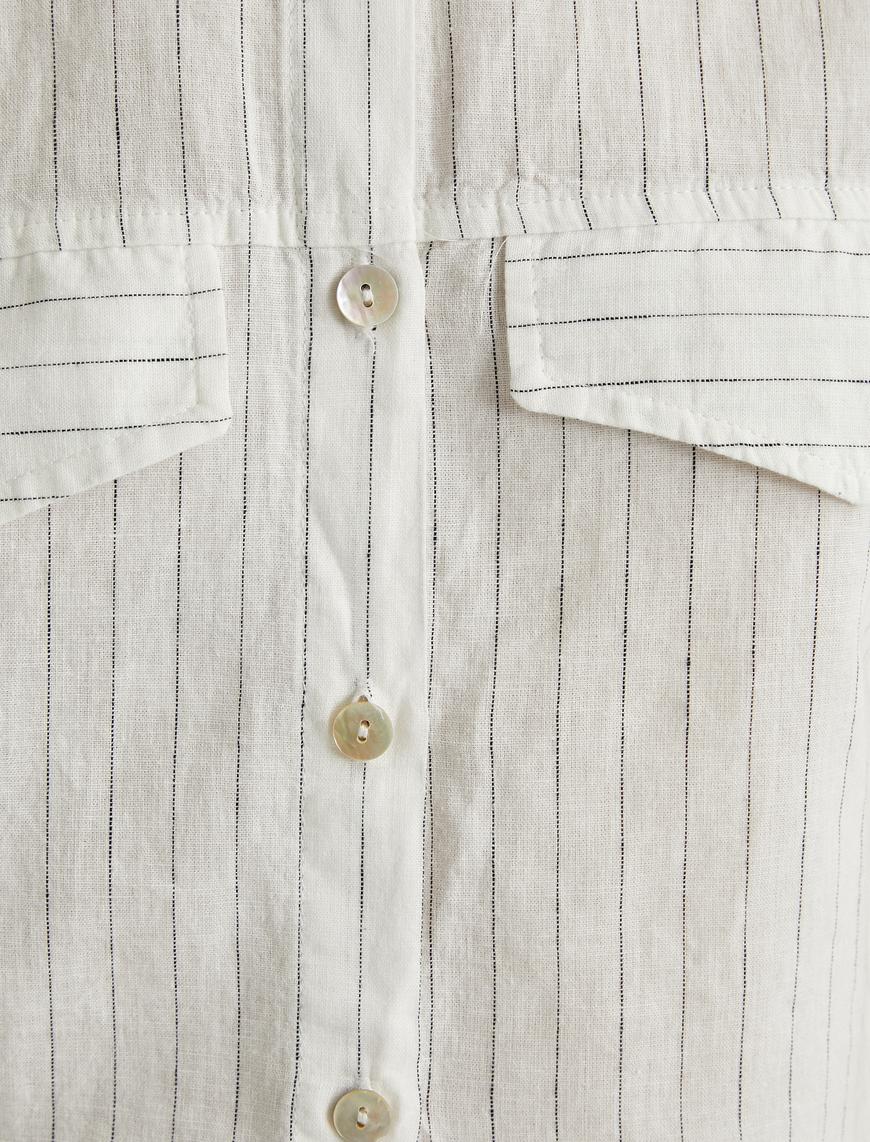   Crop Gömlek Kısa Kollu Cep Detaylı Düğmeli Keten Karışımlı