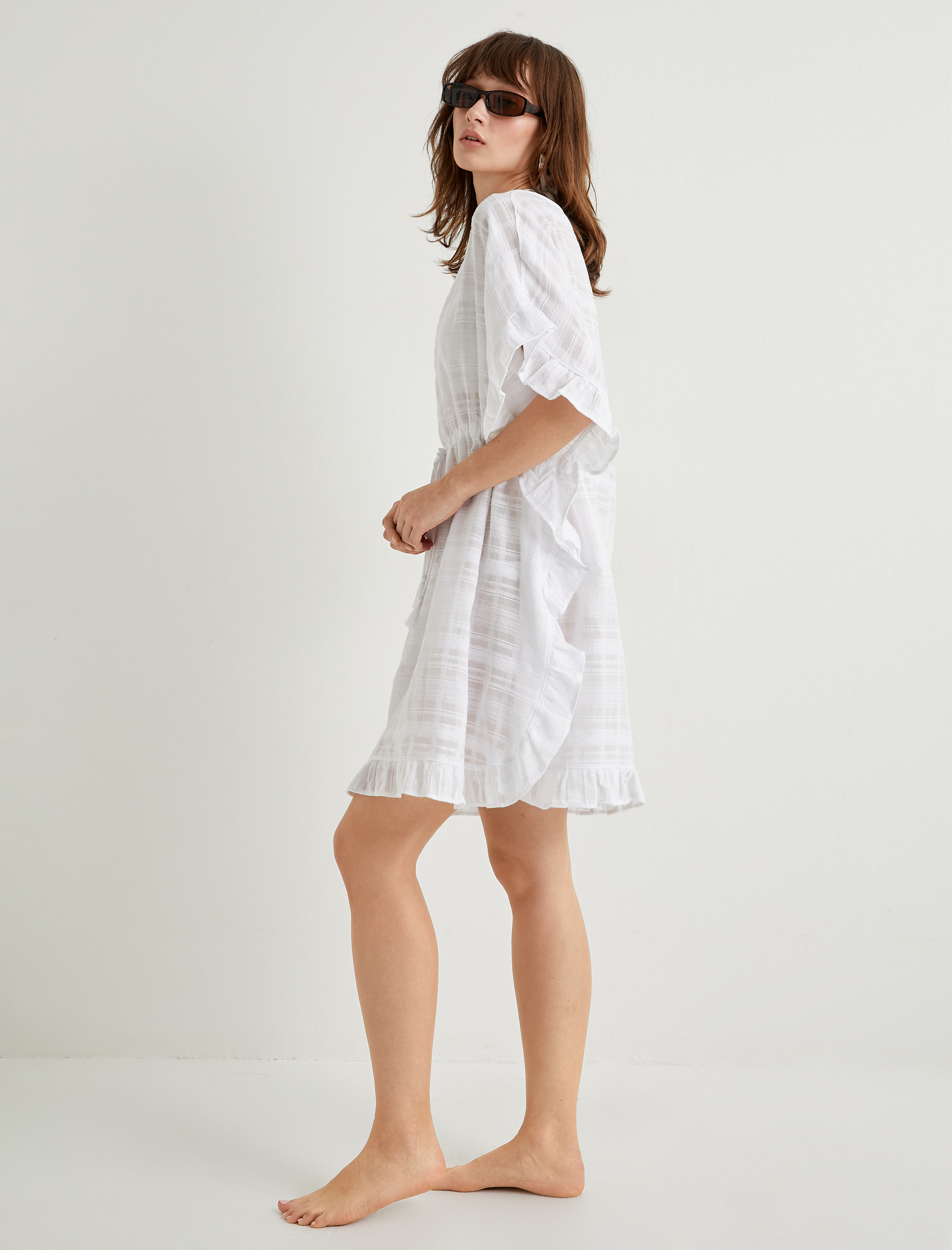   Oversize Plaj Elbisesi Mini Pamuklu Beli Bağlamalı V Yaka