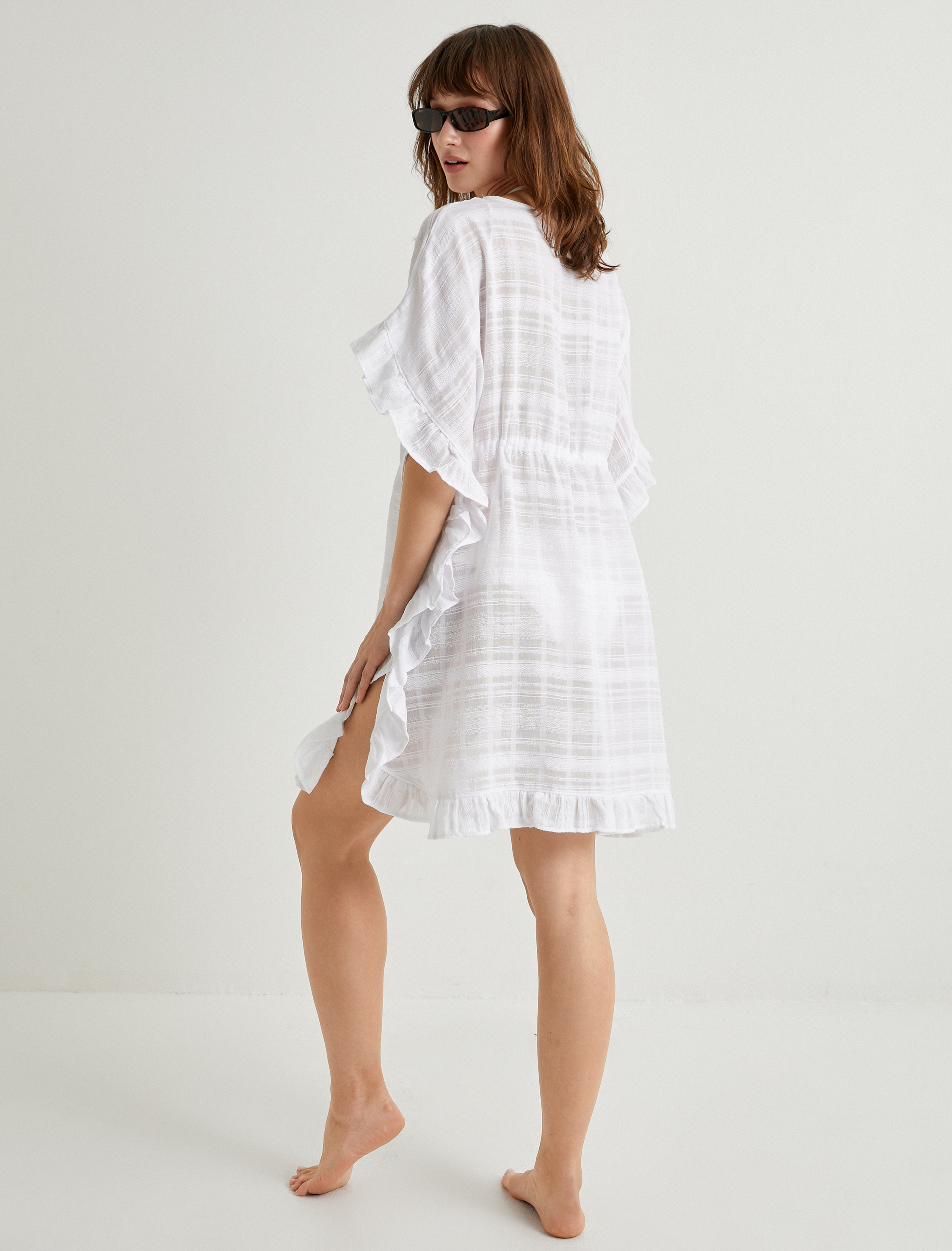   Oversize Plaj Elbisesi Mini Pamuklu Beli Bağlamalı V Yaka