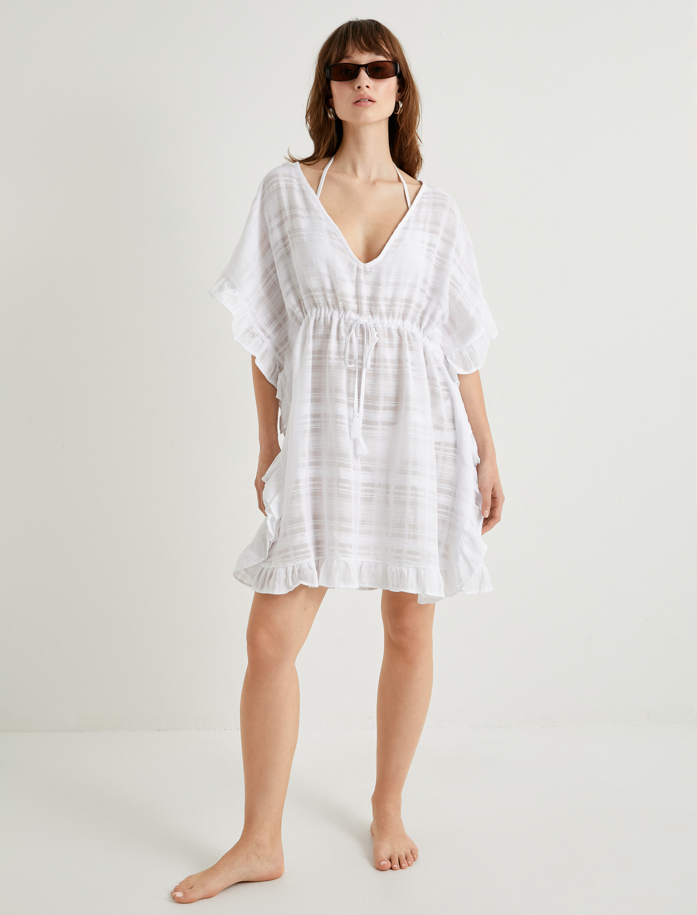   Oversize Plaj Elbisesi Mini Pamuklu Beli Bağlamalı V Yaka