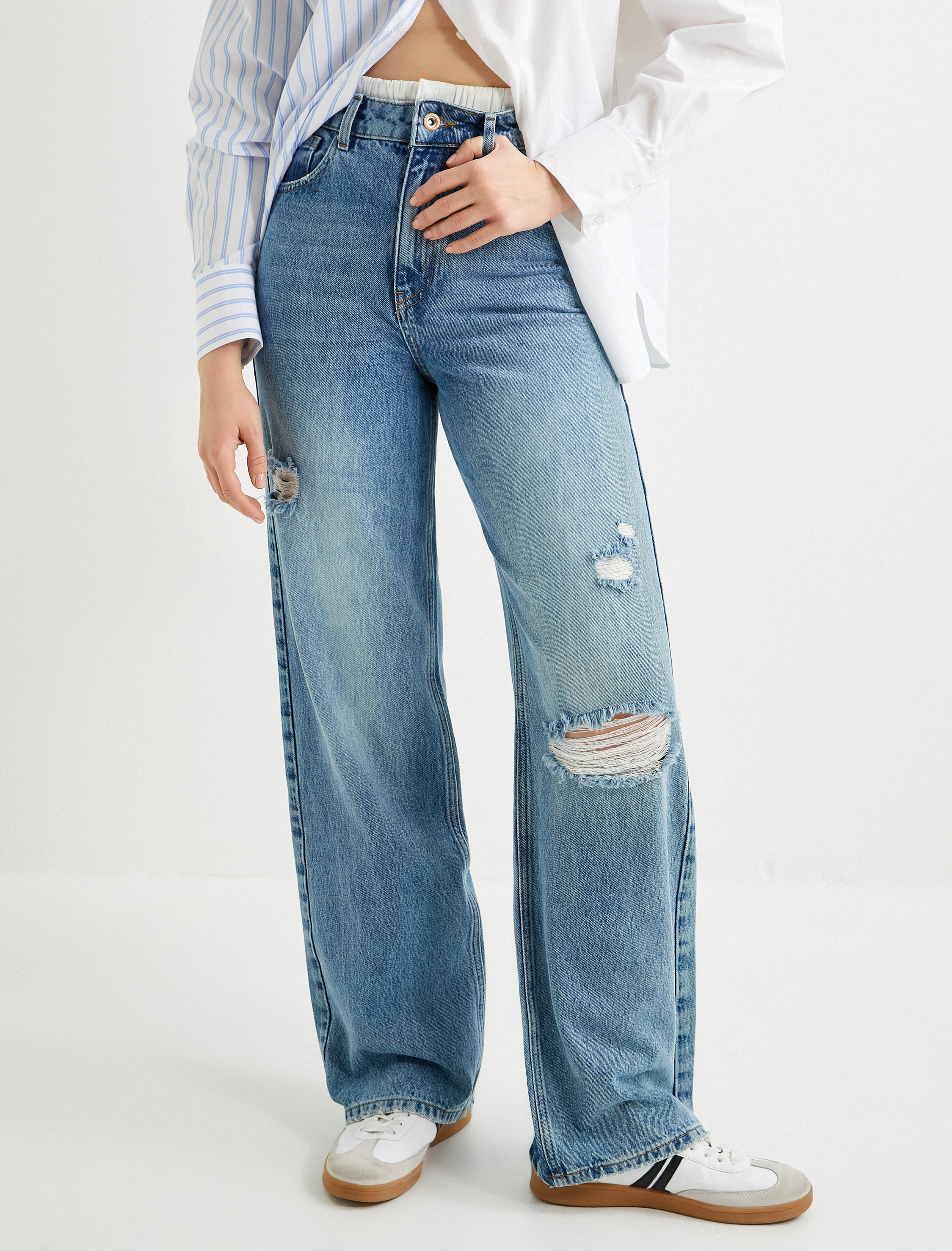   Geniş Paça Kot Pantolon Standart Bel Yıpratılmış Detaylı Cepli - Bianca Wide Leg Jeans