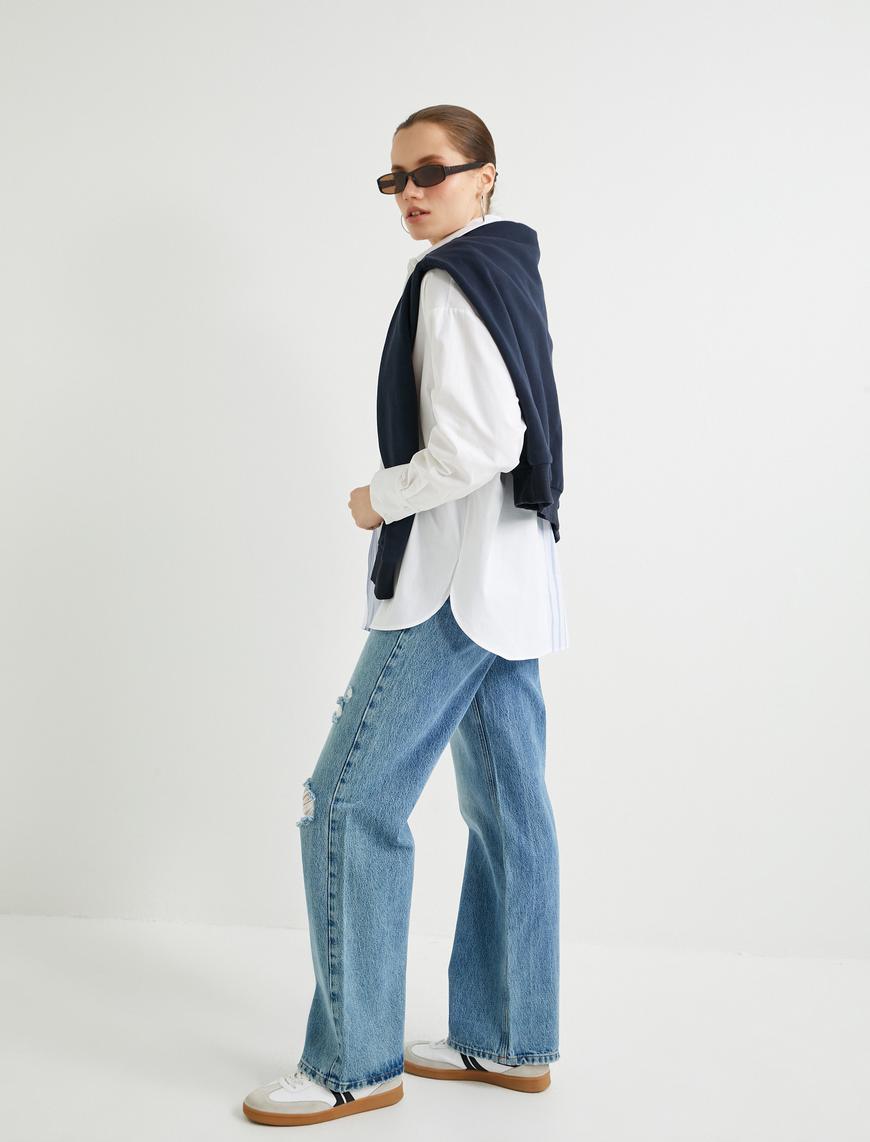   Geniş Paça Kot Pantolon Standart Bel Yıpratılmış Detaylı Cepli - Bianca Wide Leg Jeans