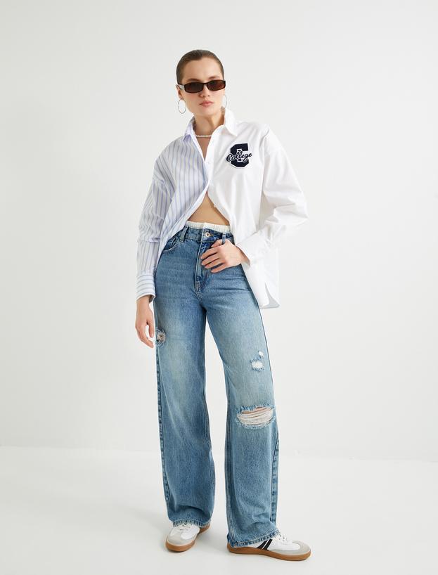 Geniş Paça Kot Pantolon Standart Bel Yıpratılmış Detaylı Cepli - Bianca Wide Leg Jeans_1