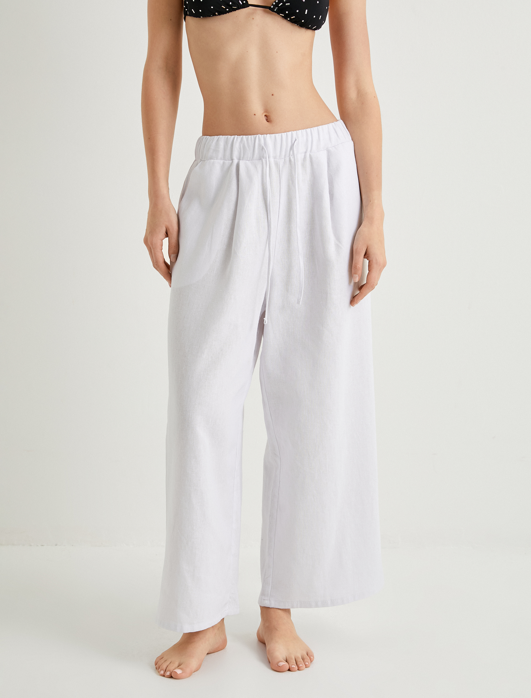 Plaj Pantolonu Culotte Bol Paça Oversize Beli Bağcıklı Cepli Keten Karışımlı